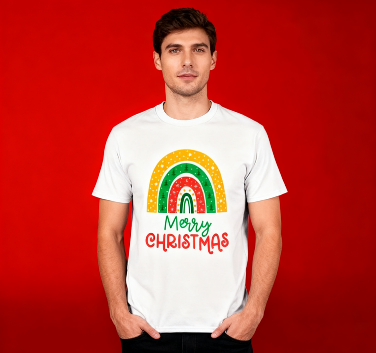Merry Christmas Rainbow Graphic T-Shirt - 100% Cotton, Festive Tee for Holiday Celebrations & Casual Daily Wear