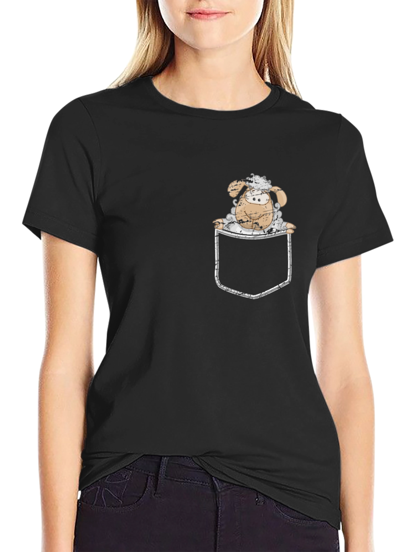 Cartoon Sheep in Pocket Black T-Shirt