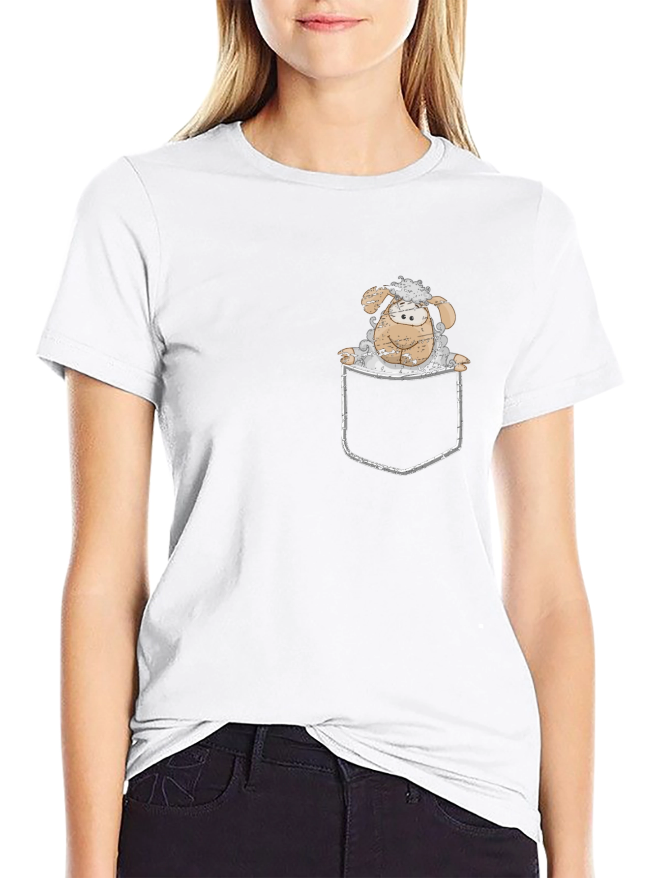 Cartoon Sheep in Pocket Black T-Shirt