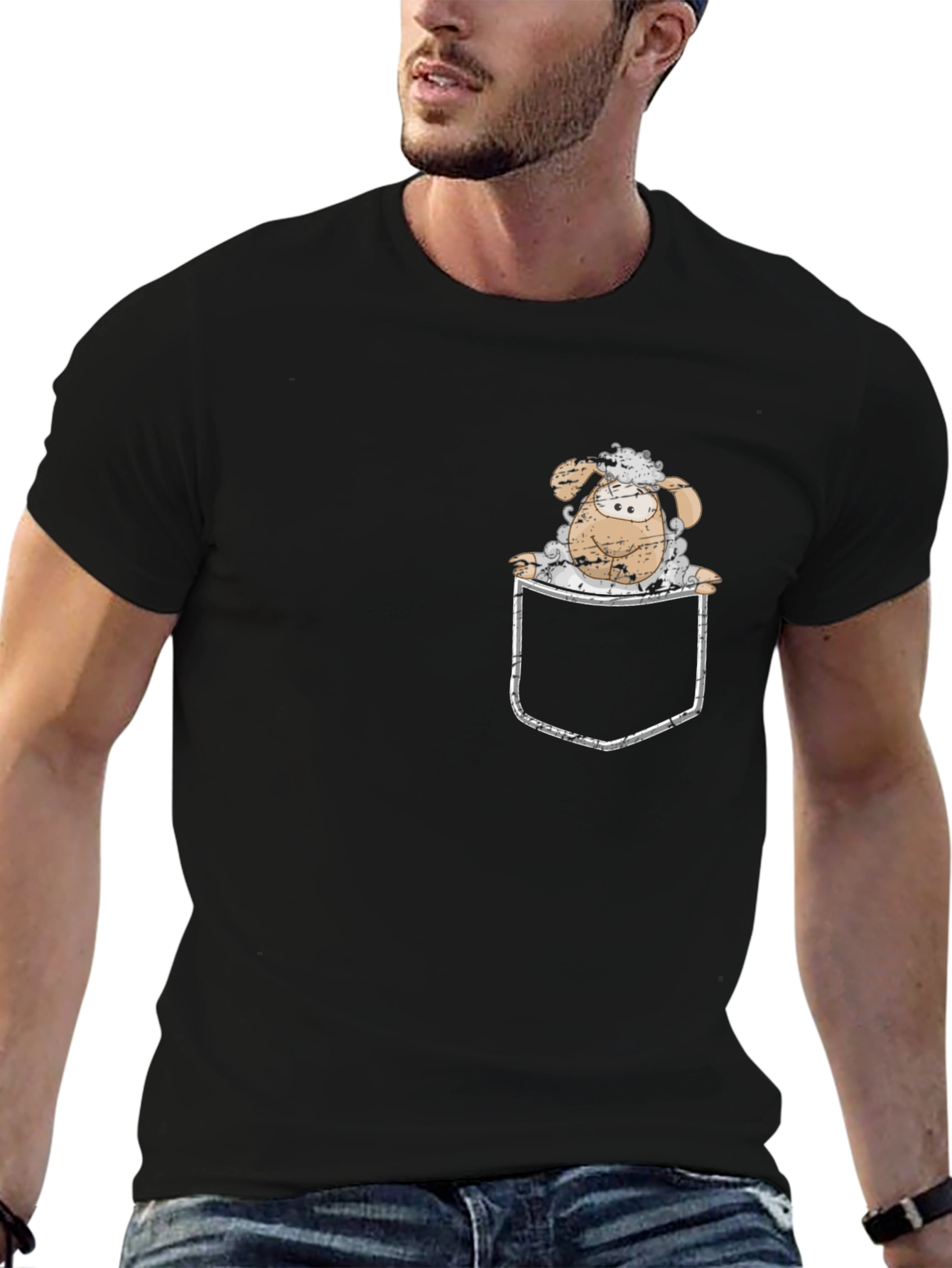 Cartoon Sheep in Pocket Black T-Shirt
