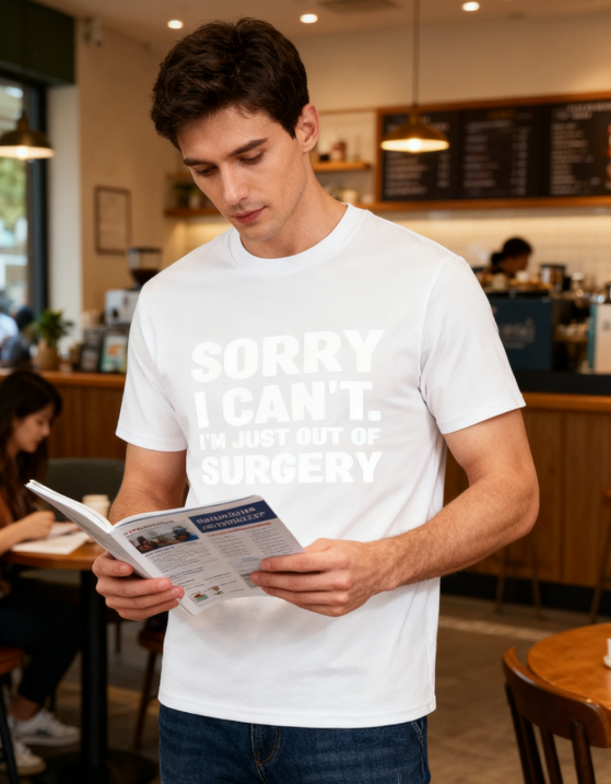 Sorry I Can't. I'm Just Out of Surgery Funny T-Shirt - 100% Cotton, Humorous Tee for Post-Surgery Recovery & Casual Occasions