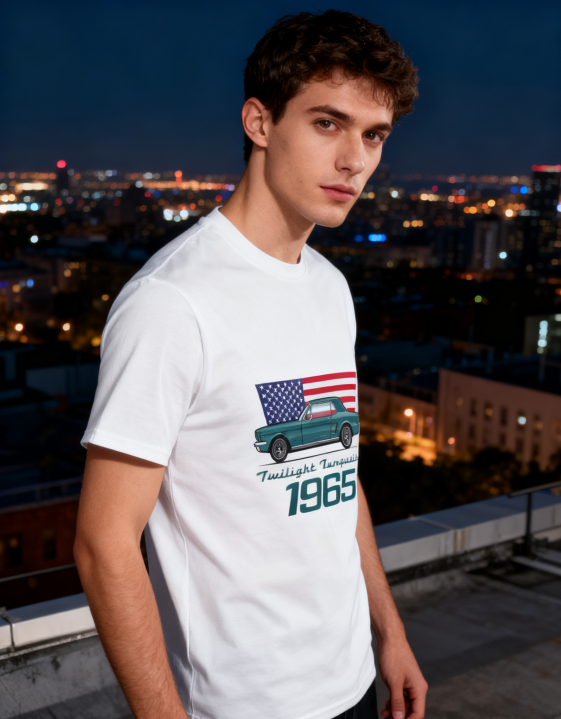 1965 Twilight Turquoise Retro Car & USA Flag T-Shirt - 100% Cotton, Classic Auto Enthusiast Tee for Car Shows & Daily Occasions