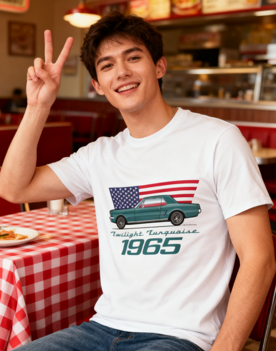 1965 Twilight Turquoise Retro Car & USA Flag T-Shirt - 100% Cotton, Classic Auto Enthusiast Tee for Car Shows & Daily Occasions
