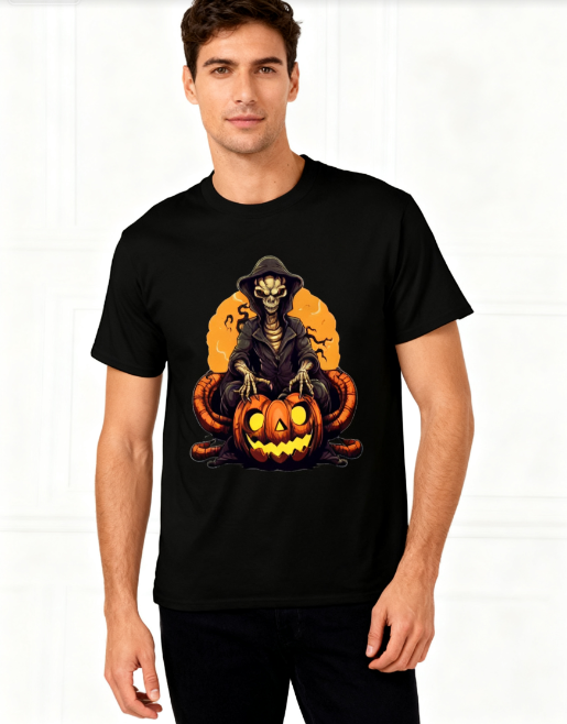 Halloween Skeleton Pumpkin Graphic T-Shirt - 100% Cotton, Versatile for Halloween & Casual Occasions. With a one-of-a-kind skeleton and pumpkin design you won't find anywhere else, get ready to be the star of the haunted night!