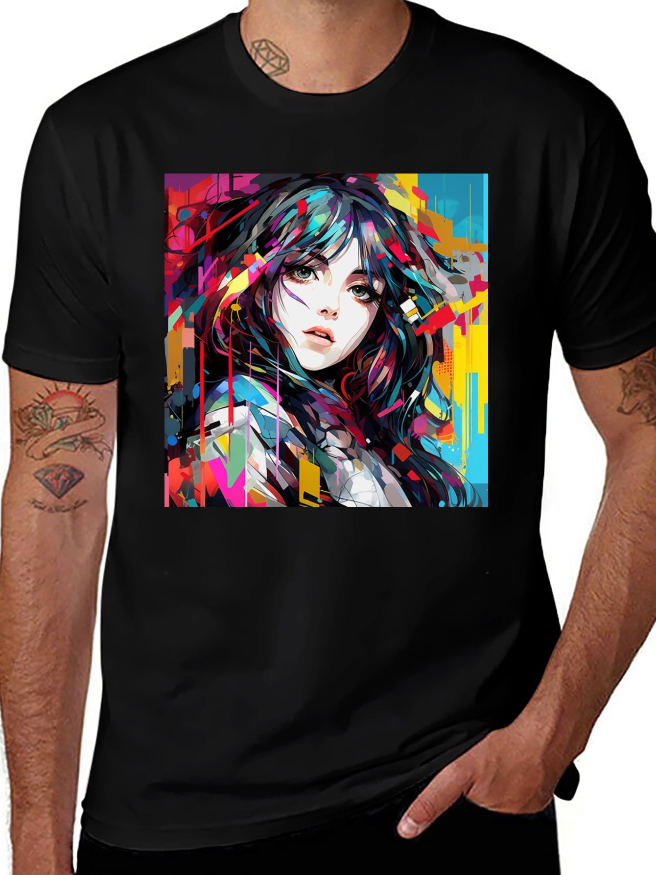 Abstract Anime Girl Graphic Black T-Shirt