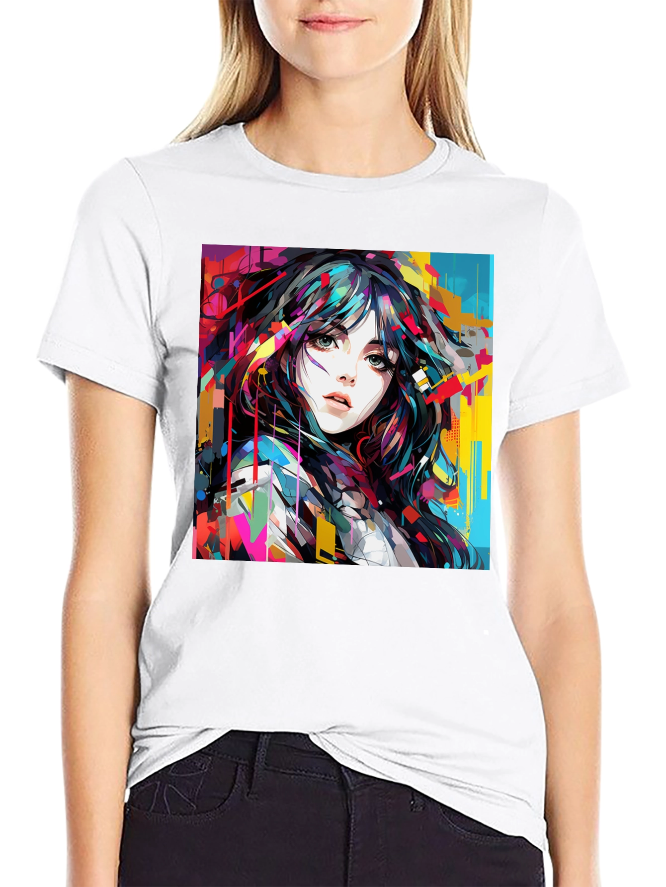 Abstract Anime Girl Graphic Black T-Shirt