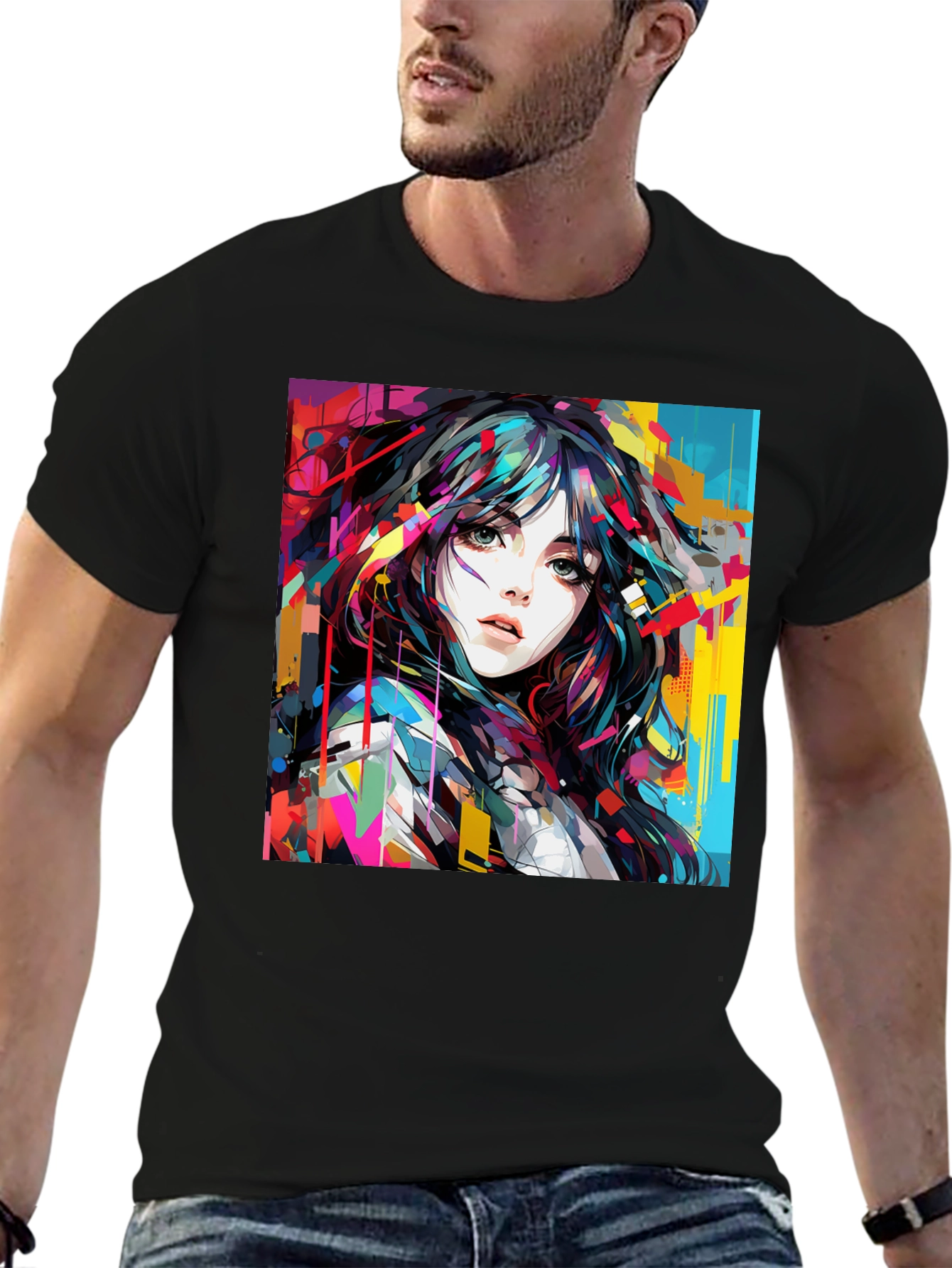 Abstract Anime Girl Graphic Black T-Shirt