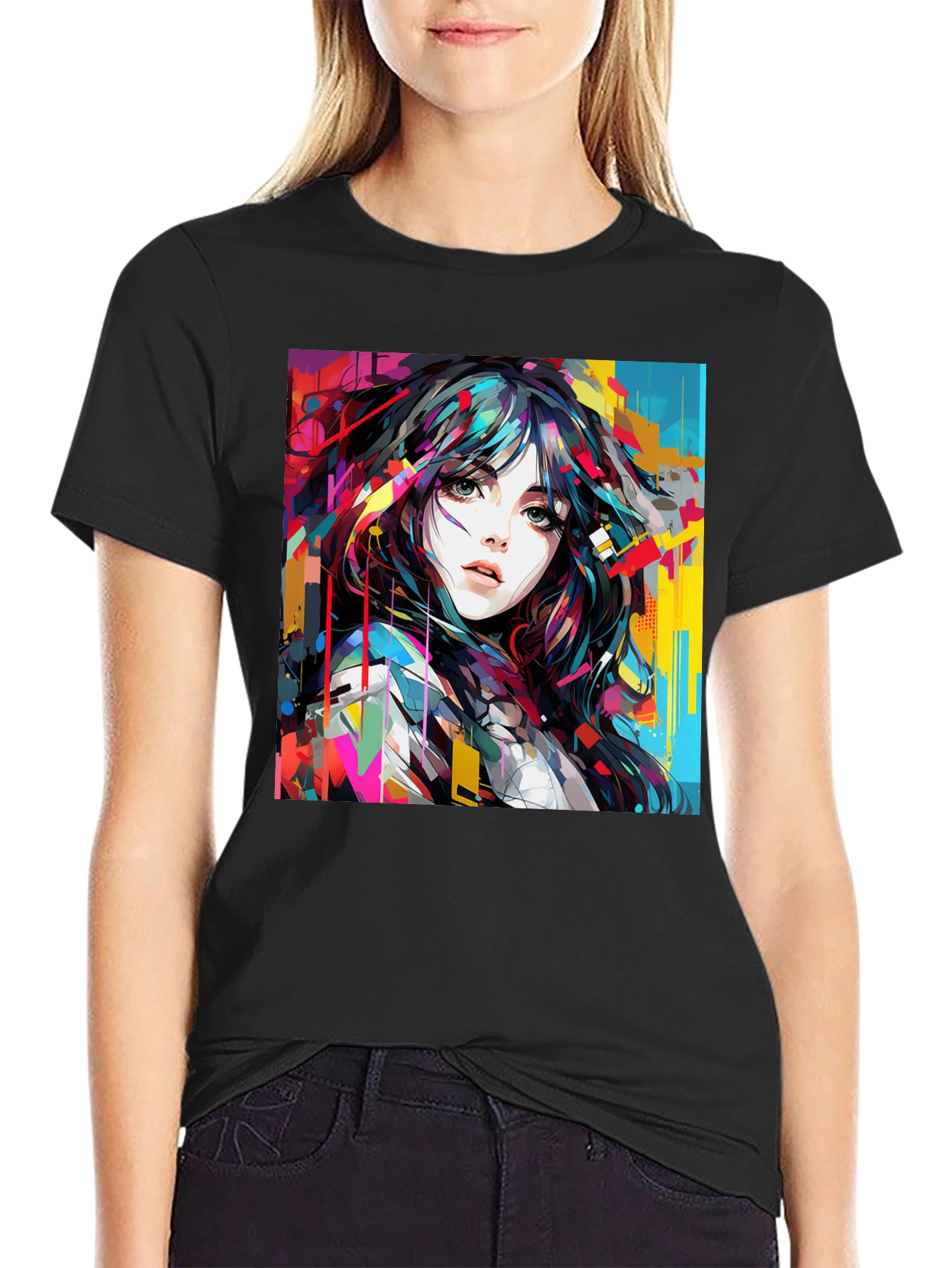 Abstract Anime Girl Graphic Black T-Shirt