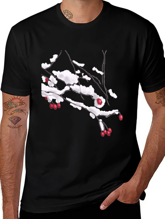 Snowy Berry Branch Black T-Shirt