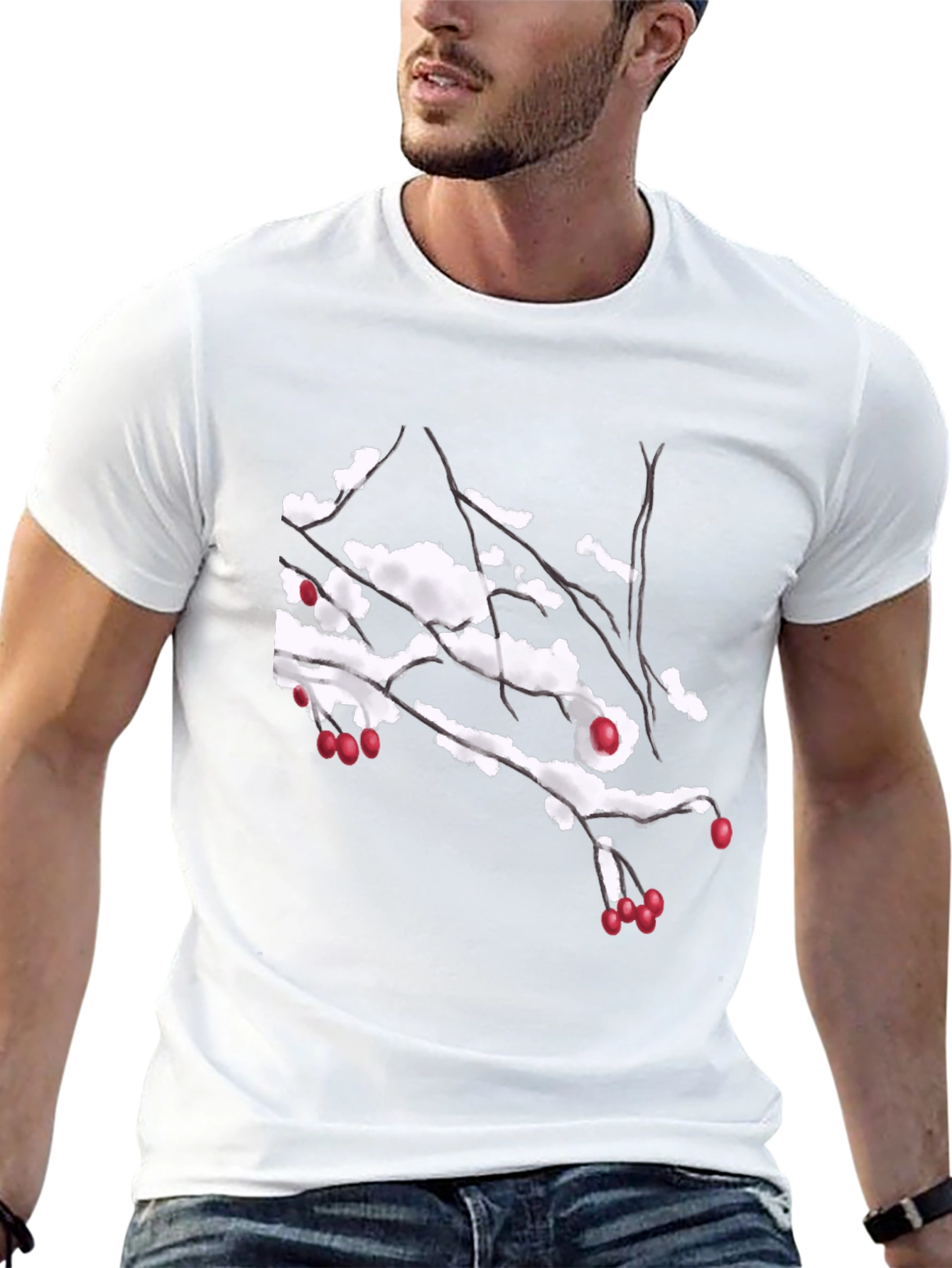 Snowy Berry Branch Black T-Shirt