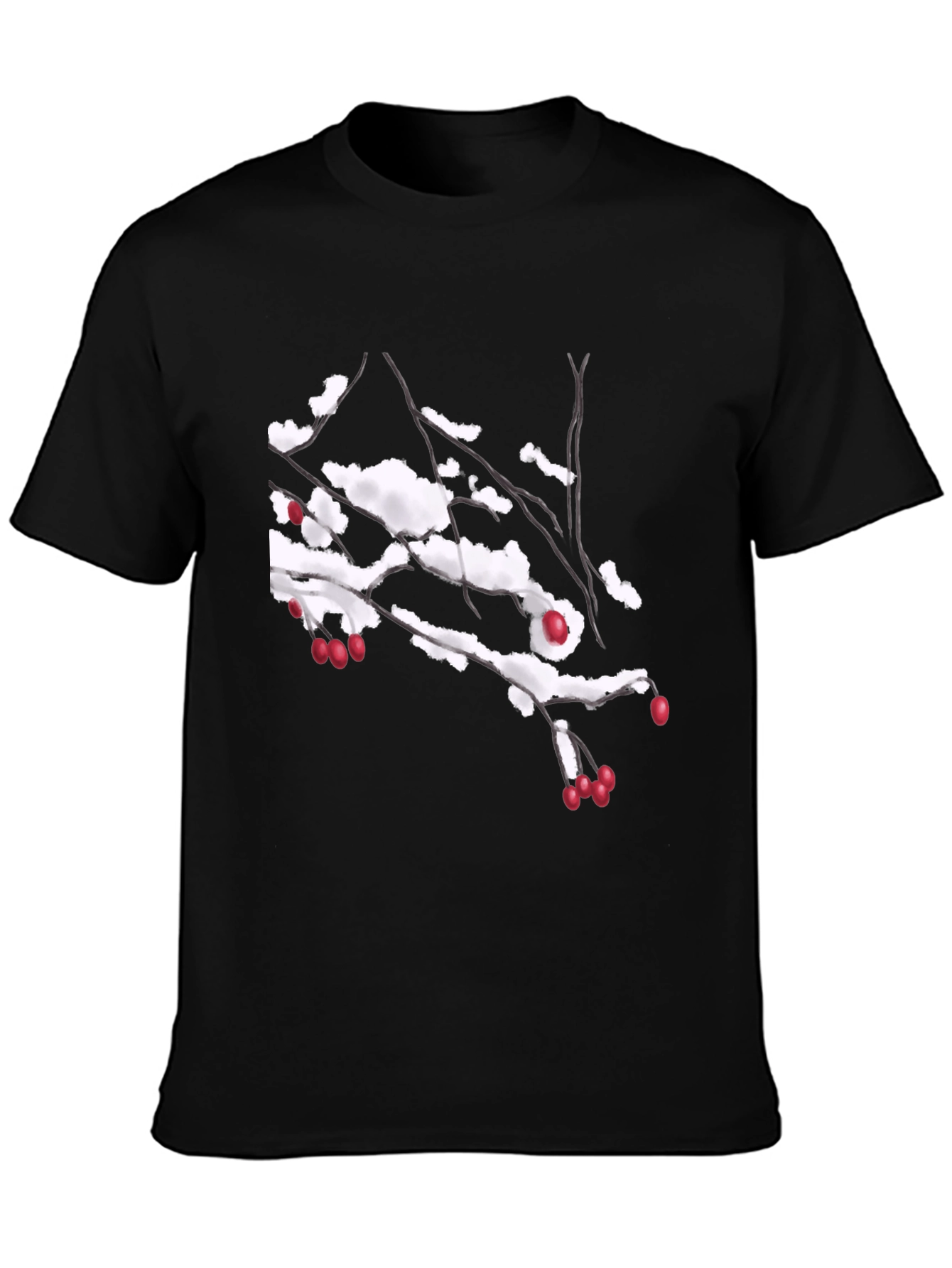 Snowy Berry Branch Black T-Shirt