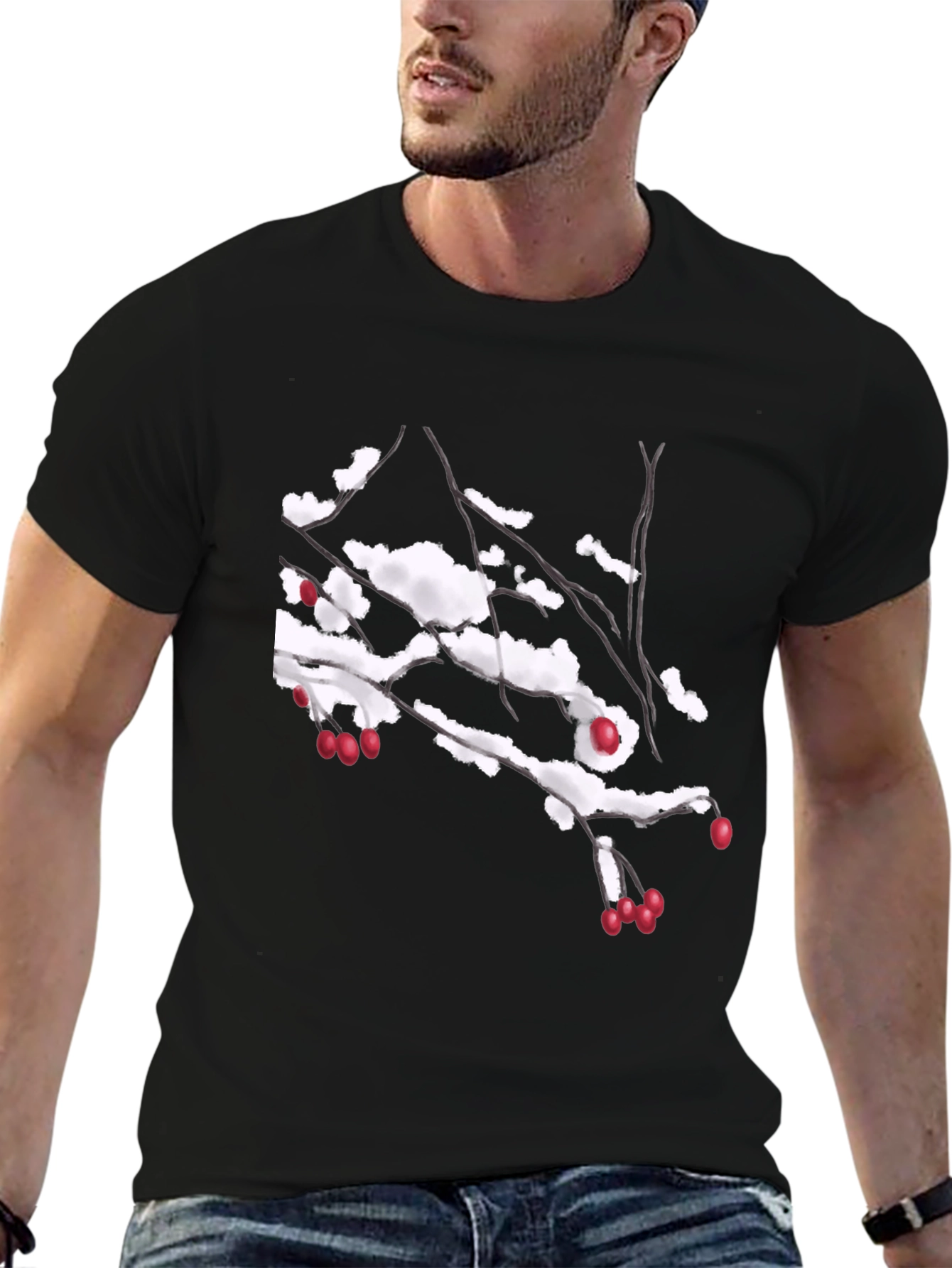 Snowy Berry Branch Black T-Shirt