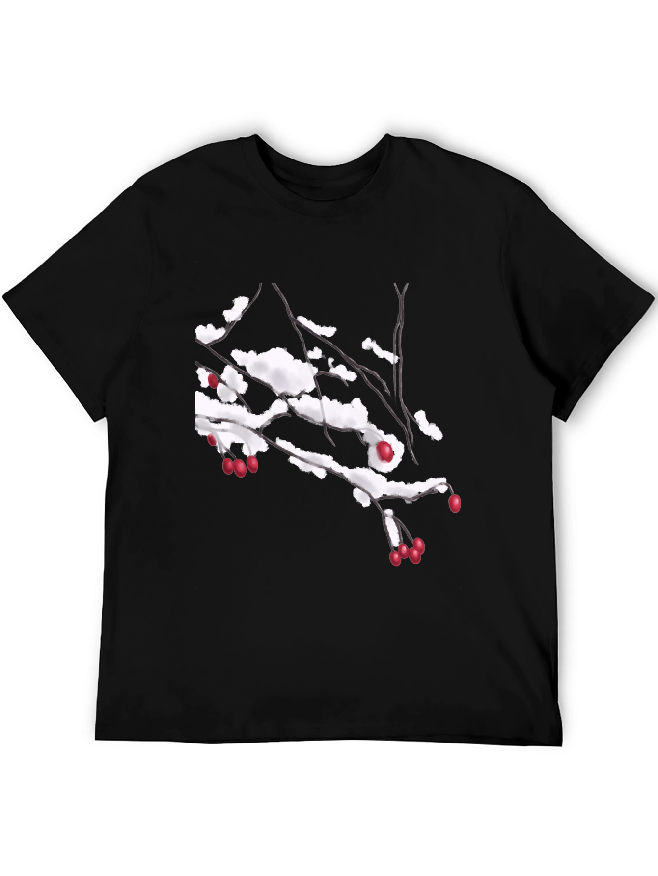 Snowy Berry Branch Black T-Shirt