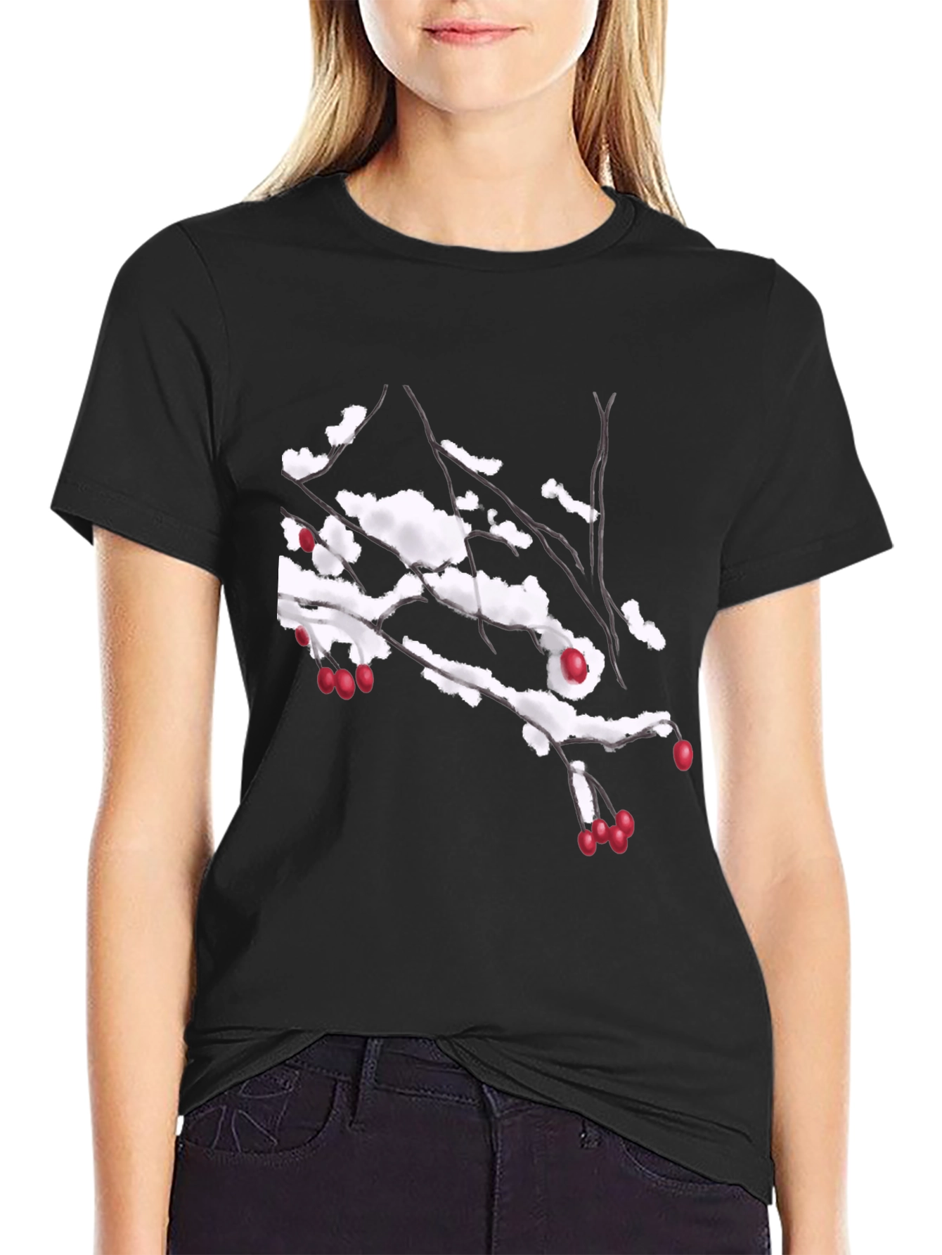 Snowy Berry Branch Black T-Shirt