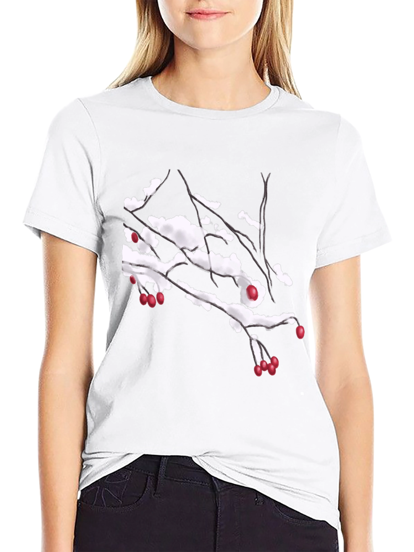Snowy Berry Branch Black T-Shirt