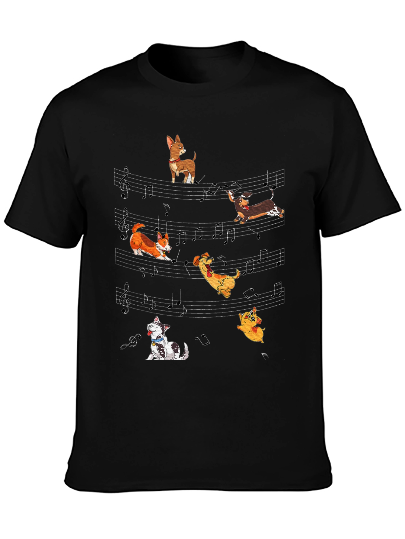 Dog Music T-Shirt - Cute Cartoon Dogs on Staff