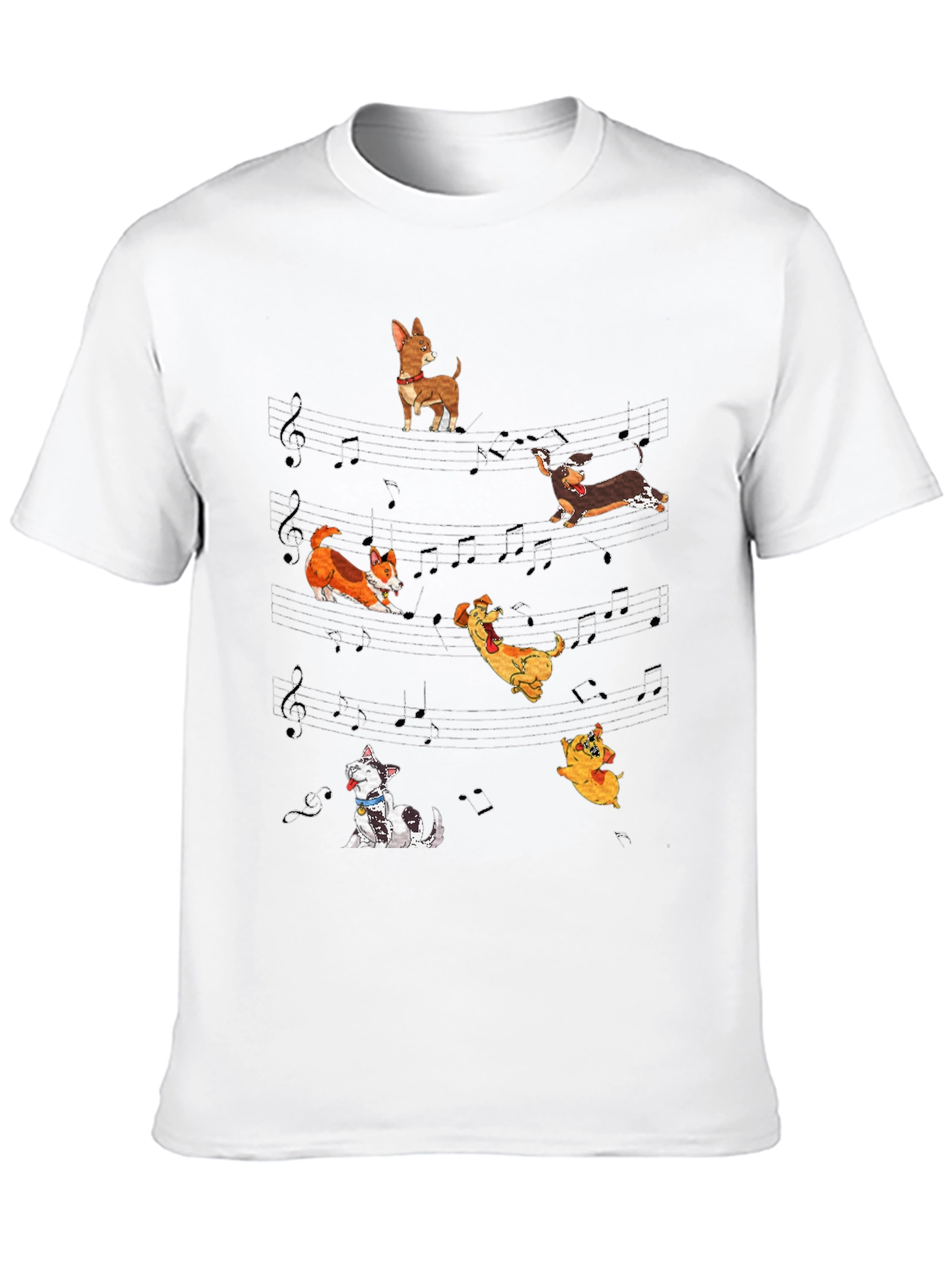 Dog Music T-Shirt - Cute Cartoon Dogs on Staff