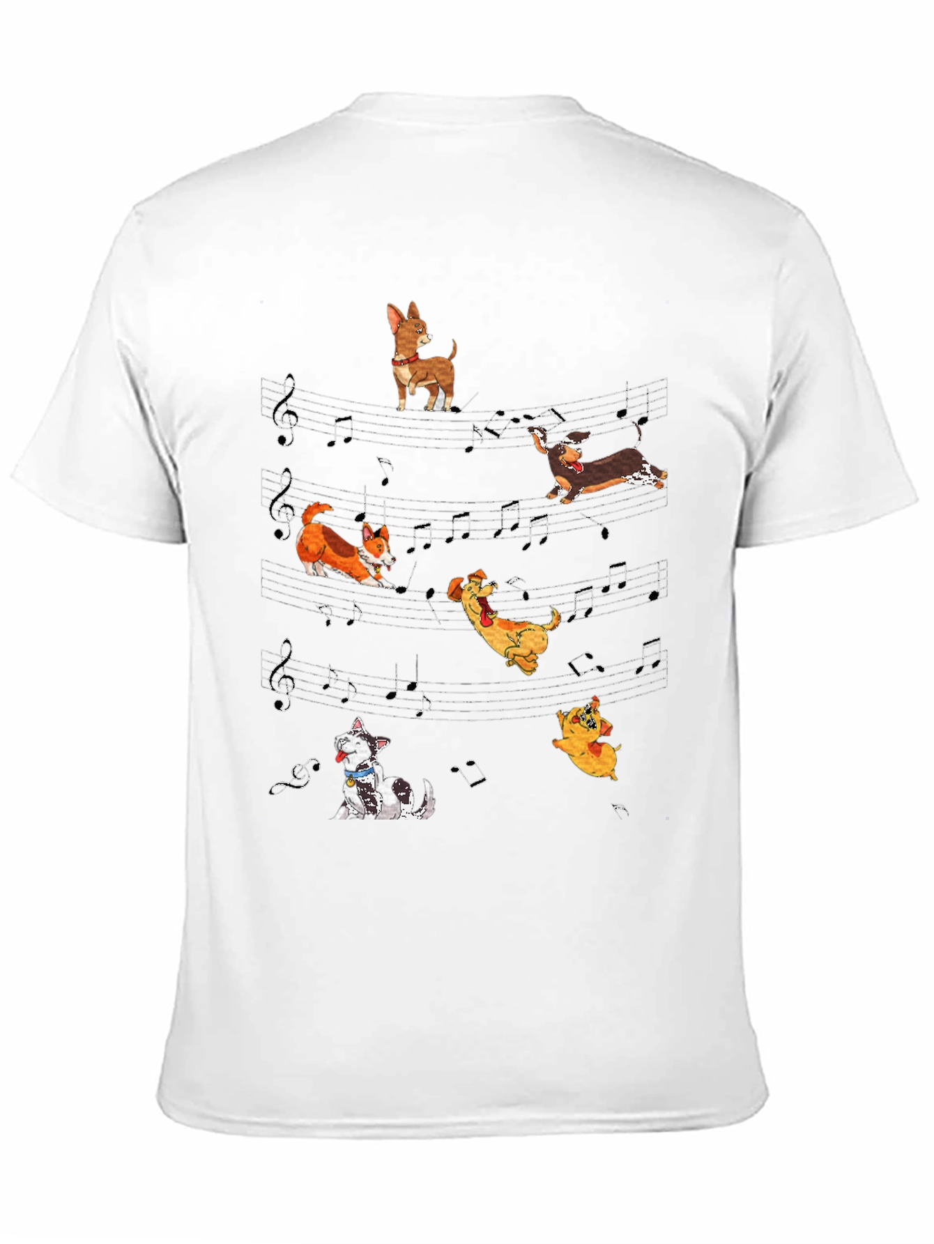 Dog Music T-Shirt - Cute Cartoon Dogs on Staff