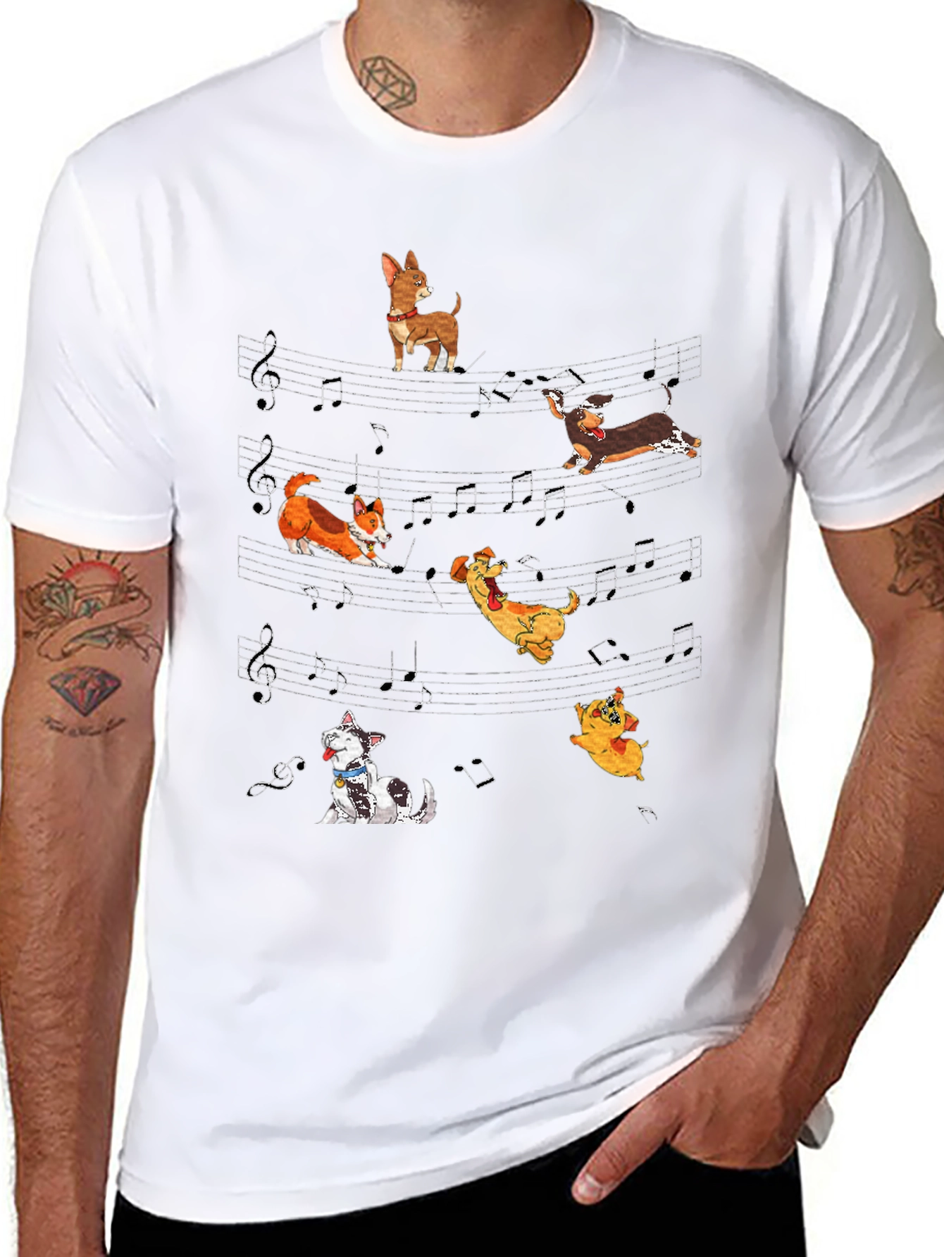 Dog Music T-Shirt - Cute Cartoon Dogs on Staff