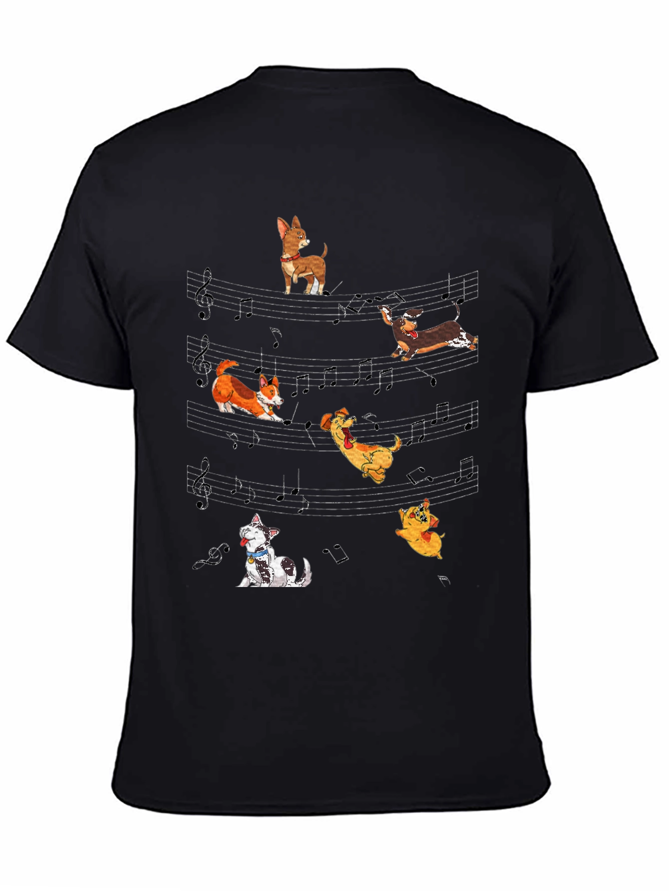 Dog Music T-Shirt - Cute Cartoon Dogs on Staff