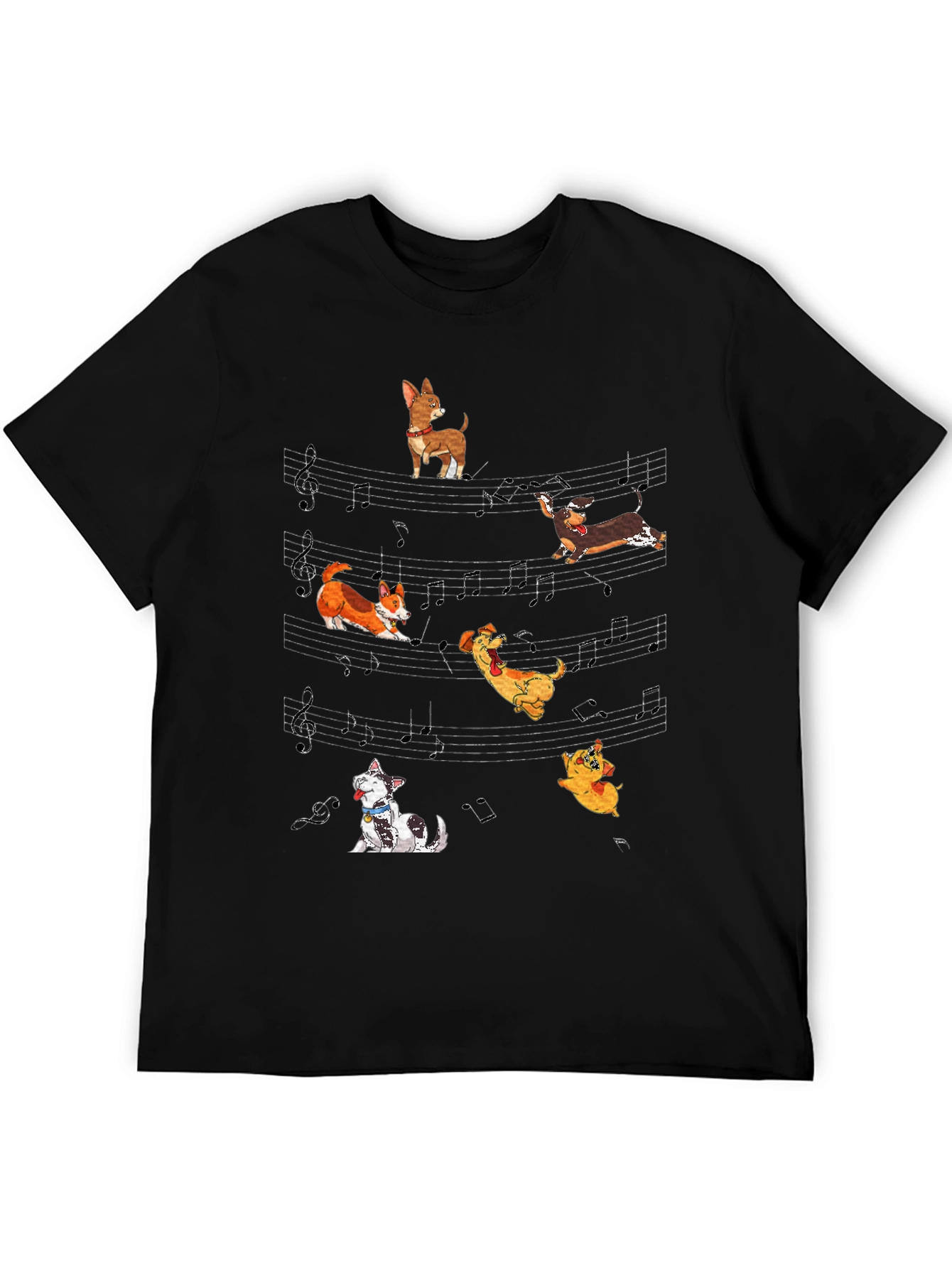 Dog Music T-Shirt - Cute Cartoon Dogs on Staff