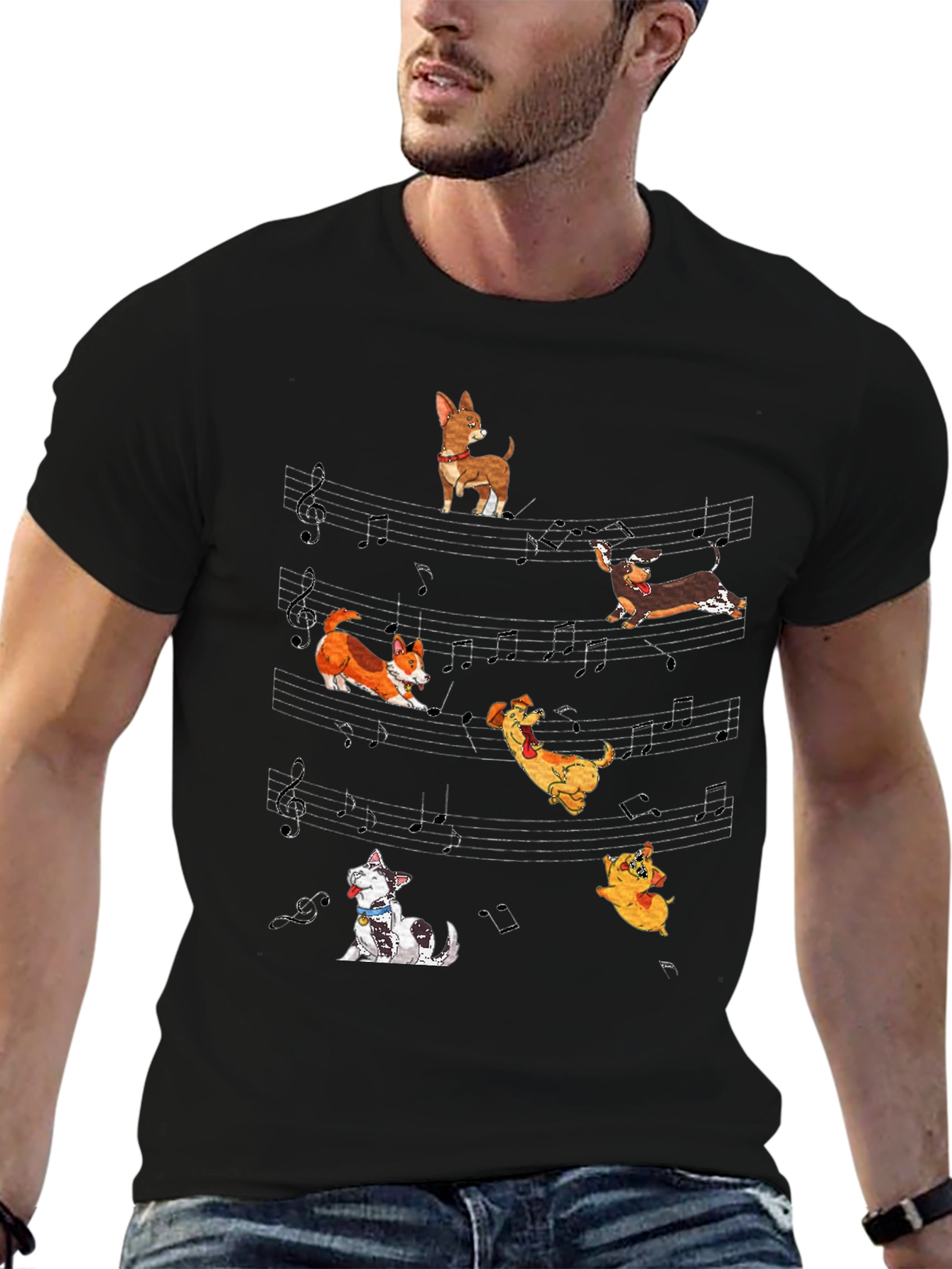 Dog Music T-Shirt - Cute Cartoon Dogs on Staff