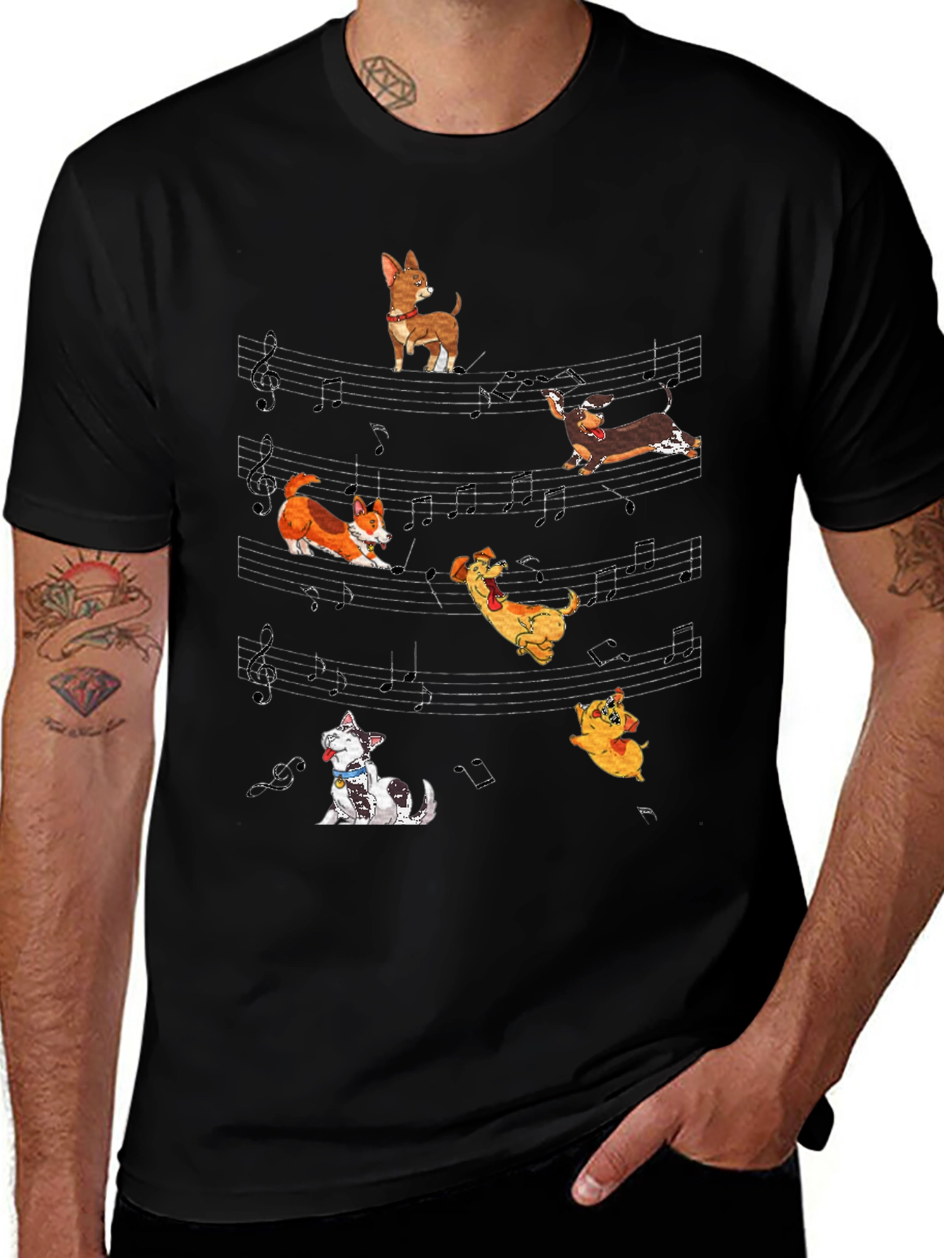 Dog Music T-Shirt - Cute Cartoon Dogs on Staff