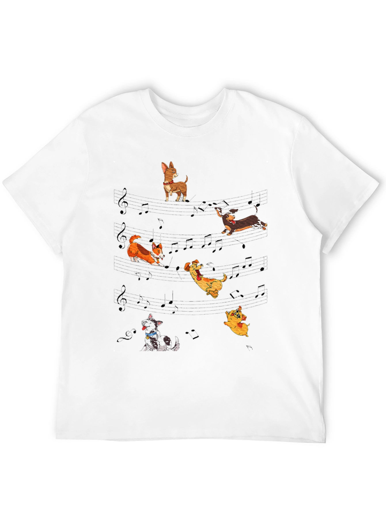 Dog Music T-Shirt - Cute Cartoon Dogs on Staff