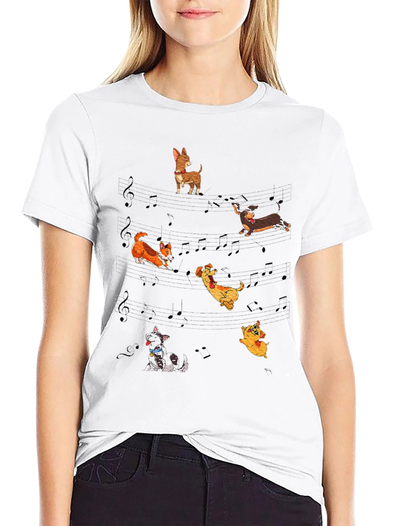 Dog Music T-Shirt - Cute Cartoon Dogs on Staff