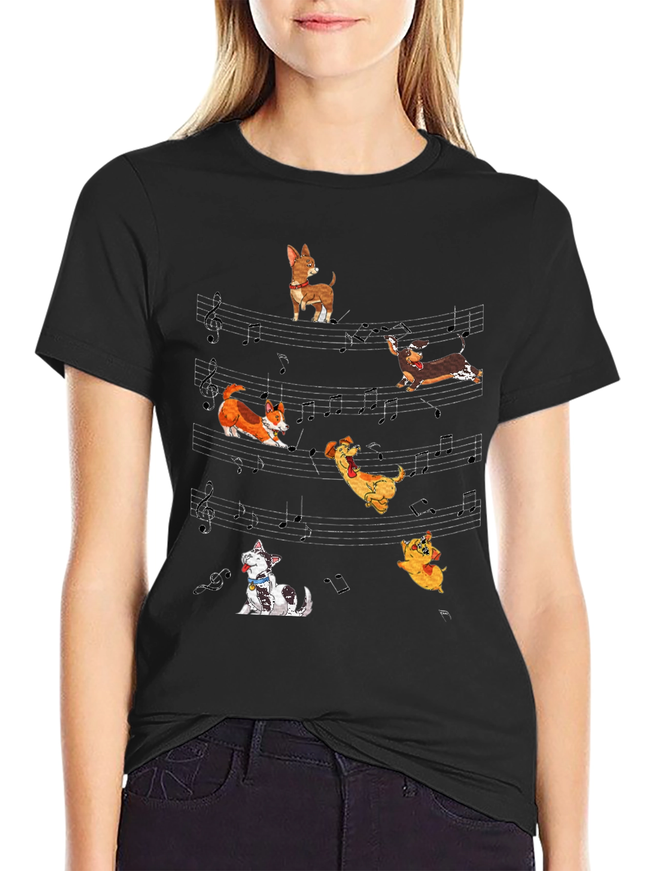Dog Music T-Shirt - Cute Cartoon Dogs on Staff