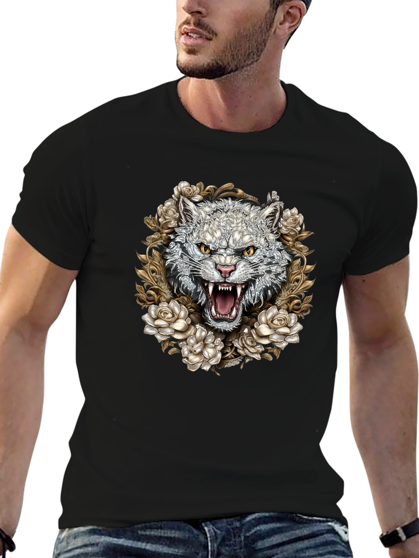 Floral Wolf Graphic Tee - Black