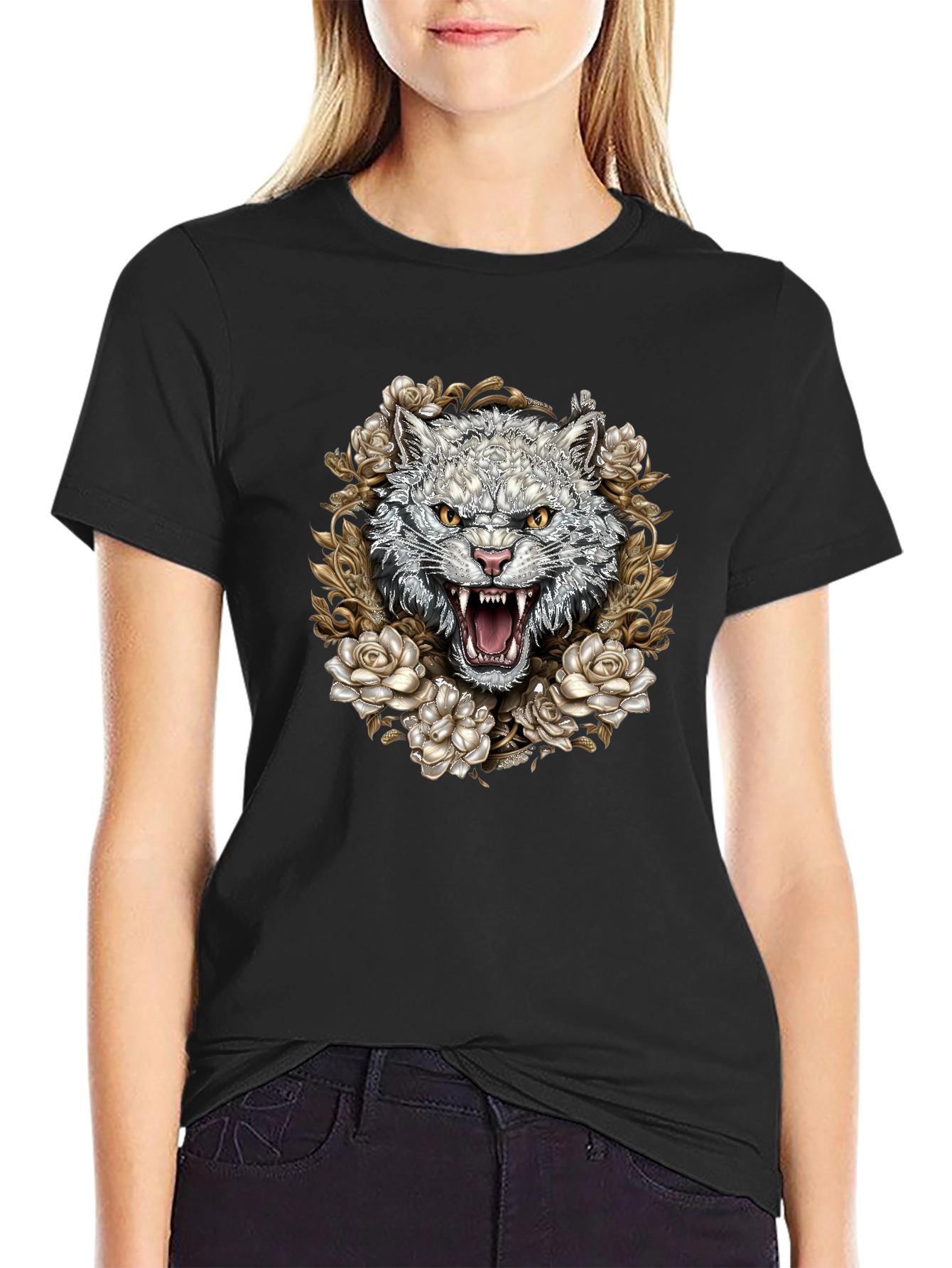 Floral Wolf Graphic Tee - Black