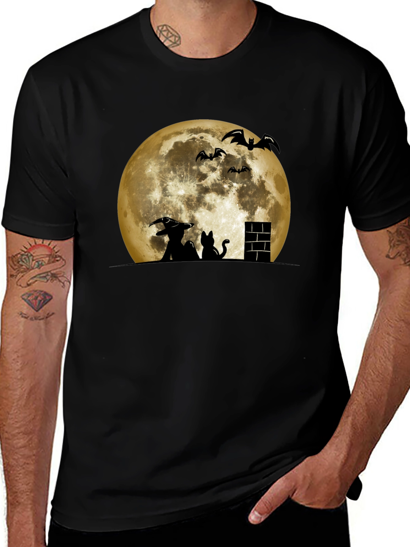 Halloween Moon Witch Cat Bat Graphic Tee