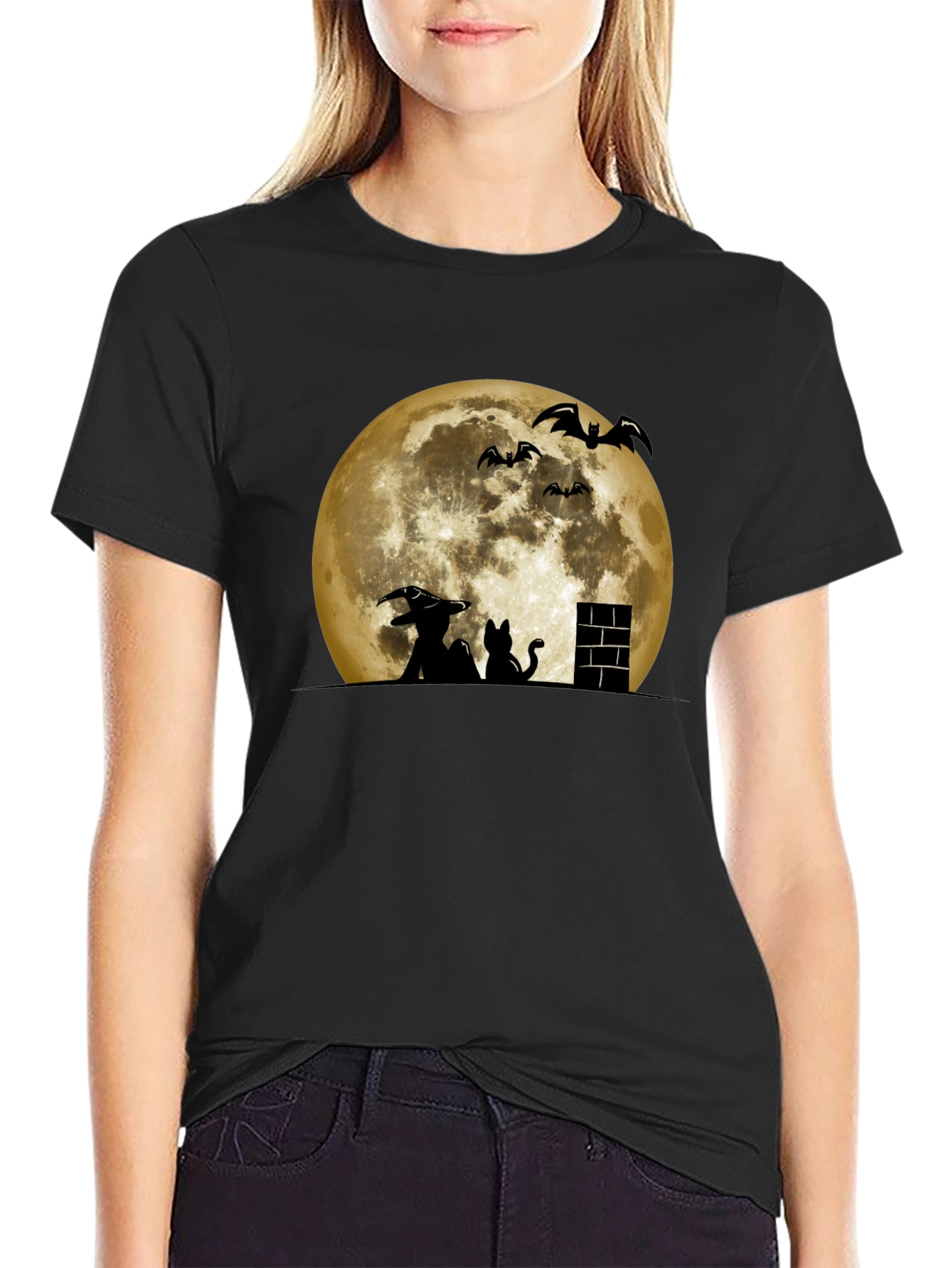 Halloween Moon Witch Cat Bat Graphic Tee