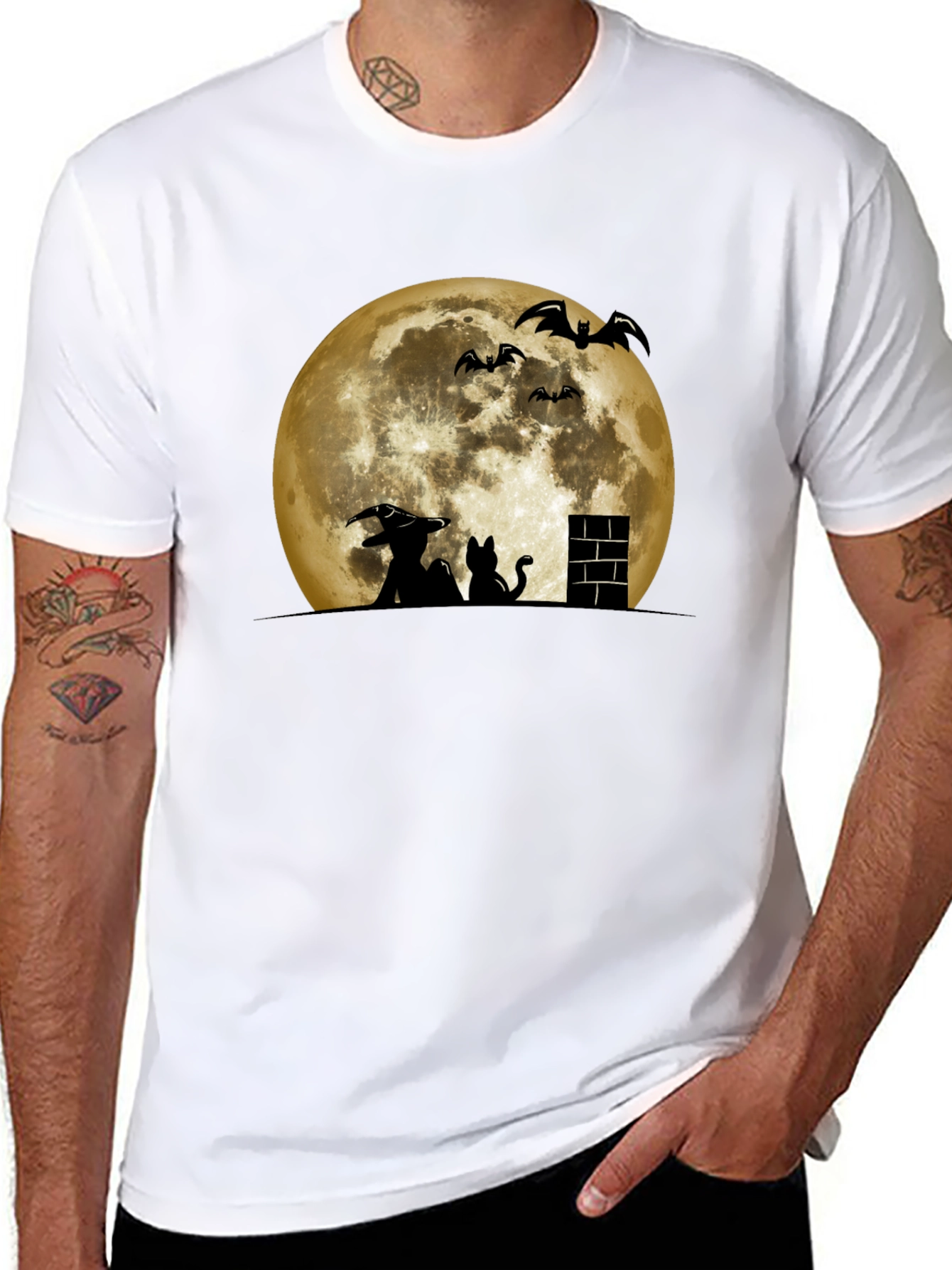 Halloween Moon Witch Cat Bat Graphic Tee