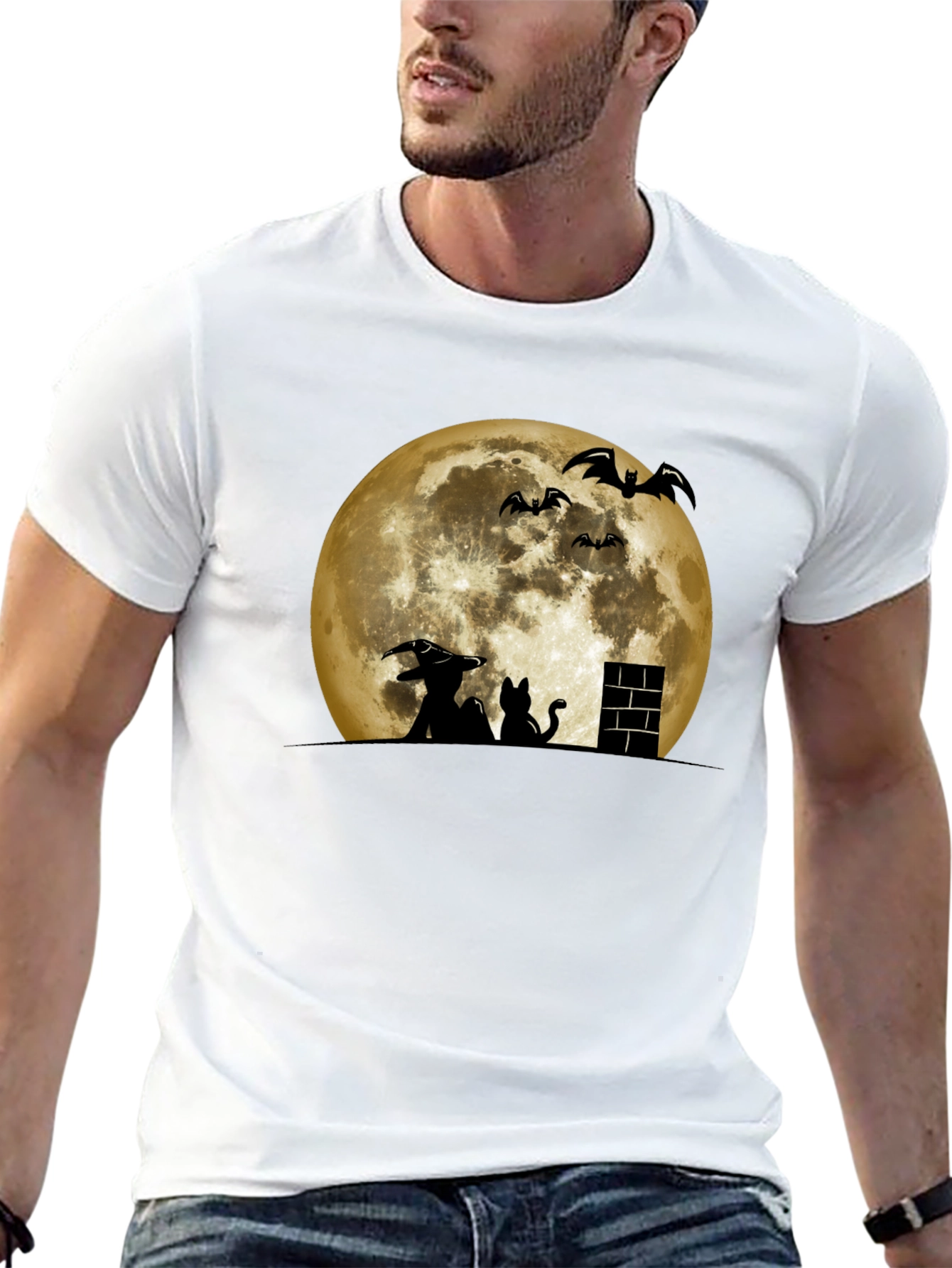 Halloween Moon Witch Cat Bat Graphic Tee
