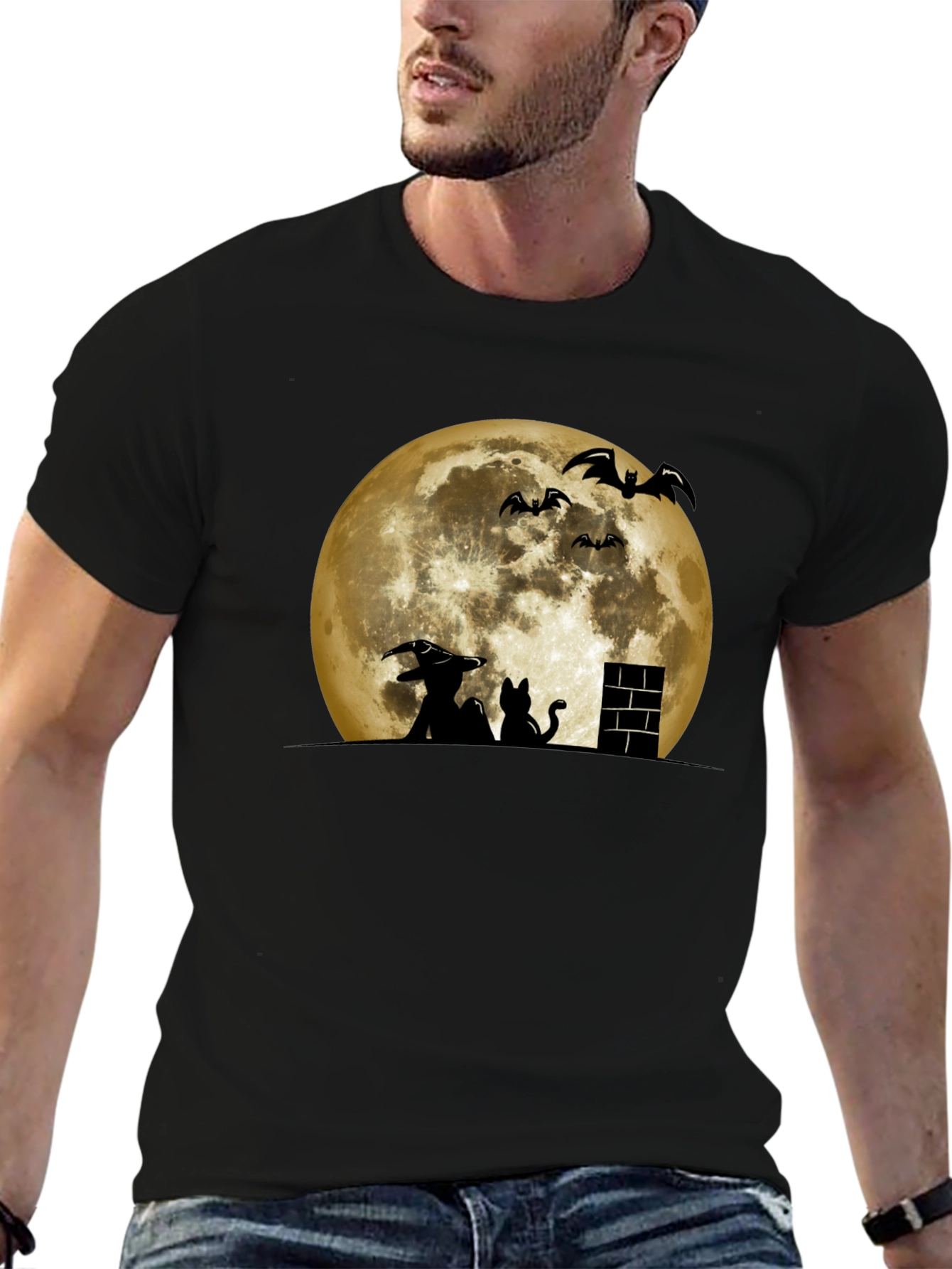 Halloween Moon Witch Cat Bat Graphic Tee