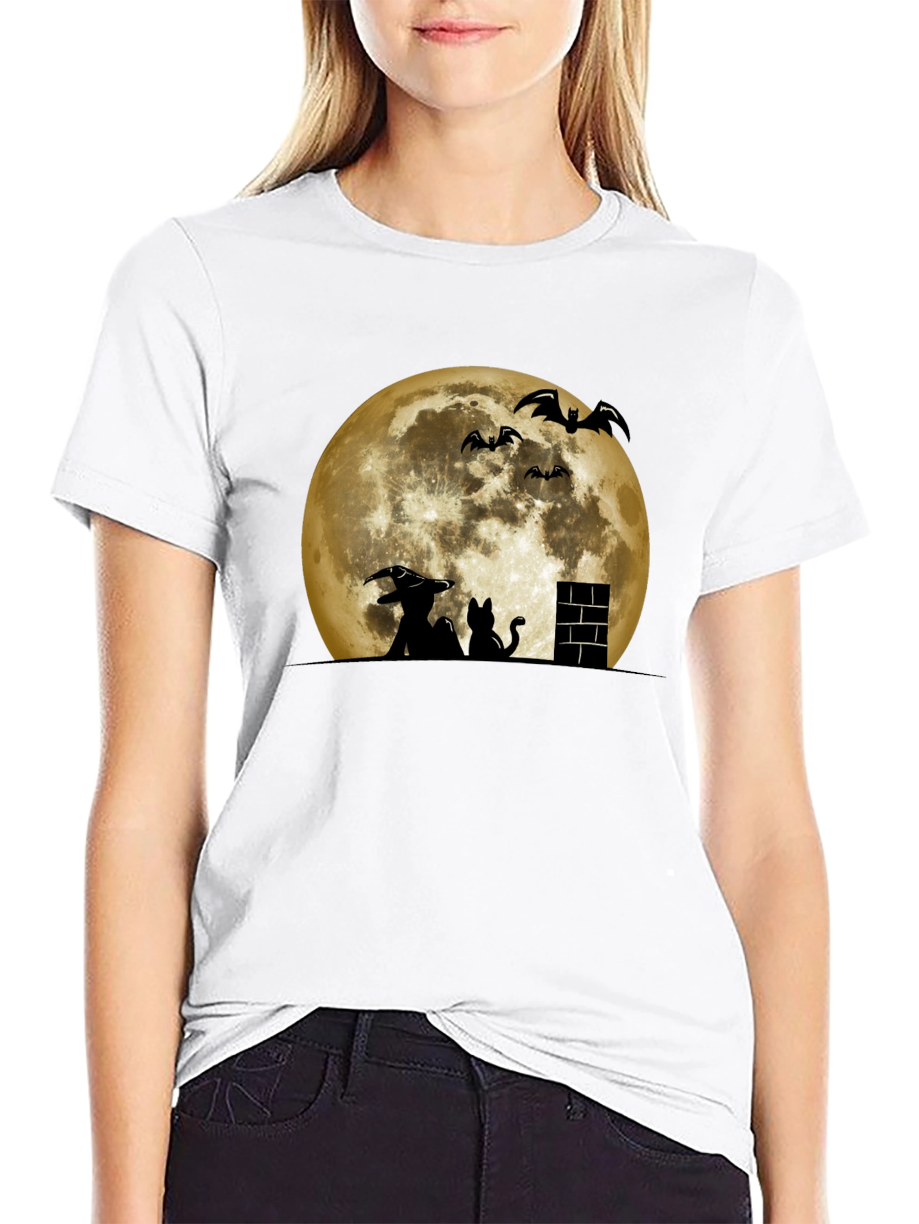 Halloween Moon Witch Cat Bat Graphic Tee