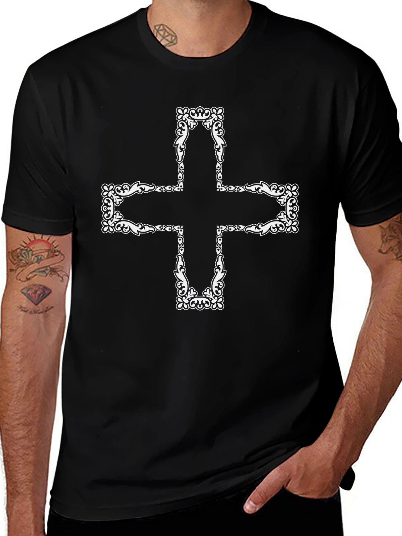 Ornate Cross Graphic Tee - Black Cotton T-Shirt