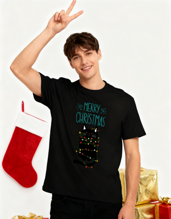 Merry Christmas Black Cat String Lights T-Shirt - 100% Cotton, Cute Festive Tee for Holiday & Casual Occasions