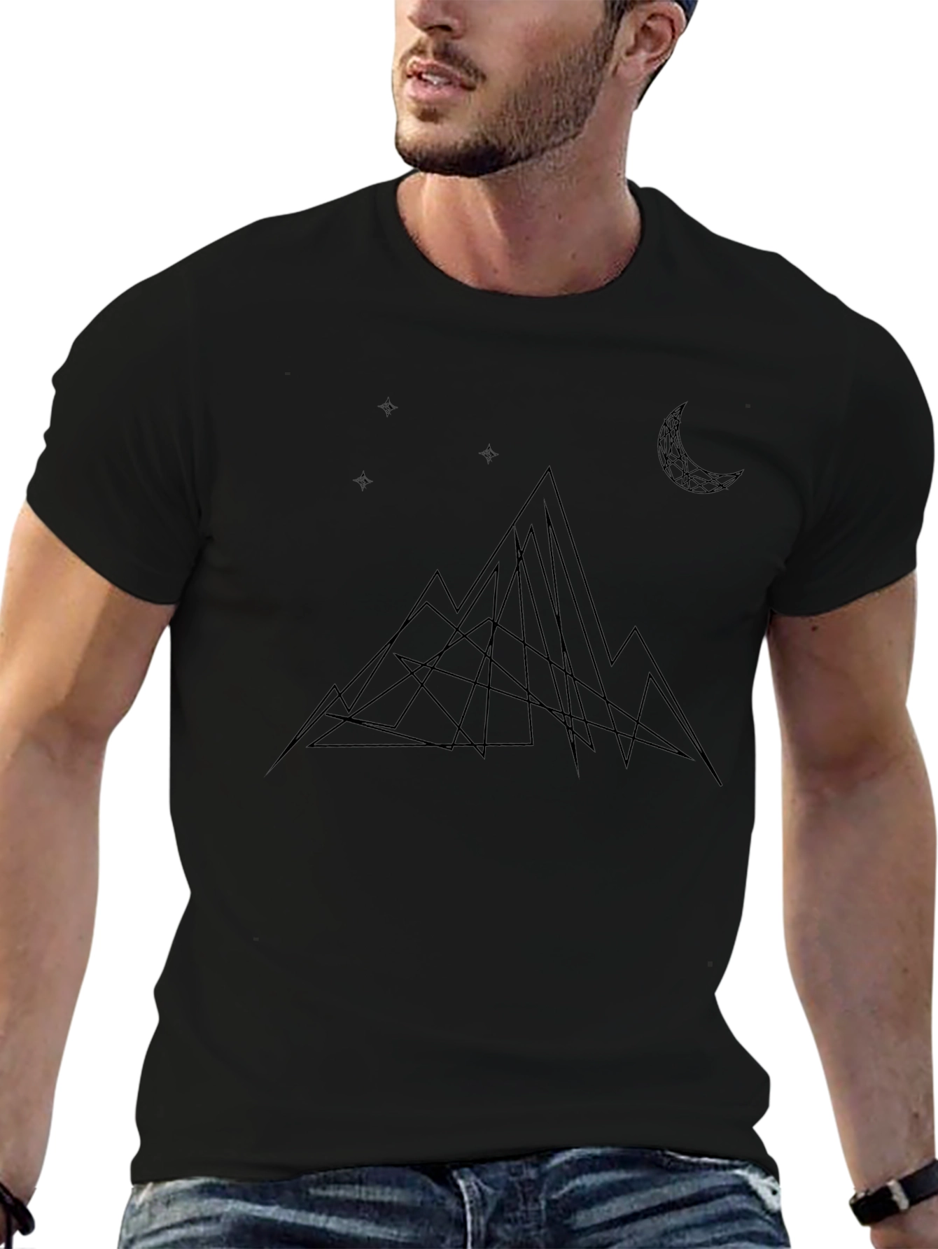 Geometric Mountain & Moon Black T-Shirt