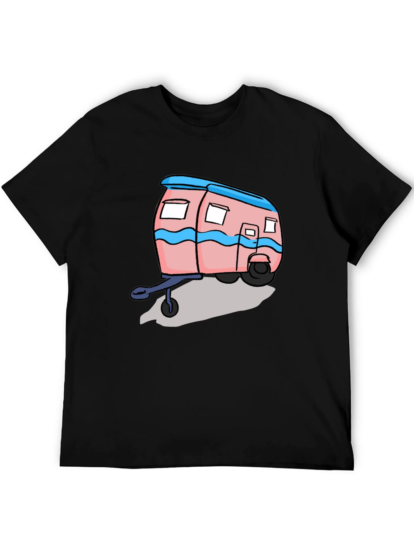 Cartoon Camper Graphic Tee - Black Cotton T-Shirt