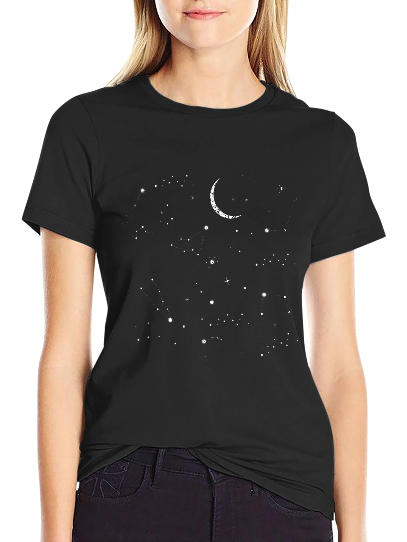 Celestial Moon & Stars Graphic Tee - Black