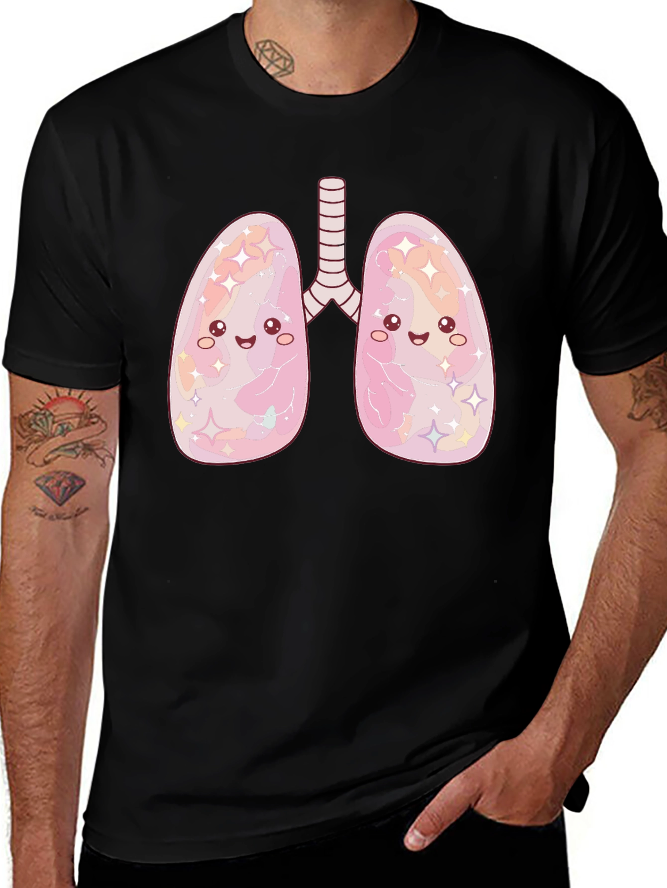 Kawaii Lungs Graphic T-Shirt - Black Crew Neck