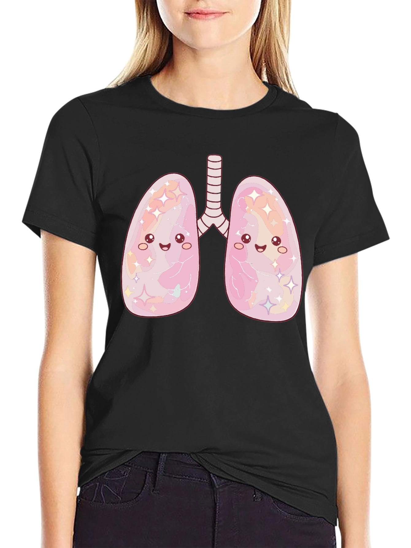 Kawaii Lungs Graphic T-Shirt - Black Crew Neck
