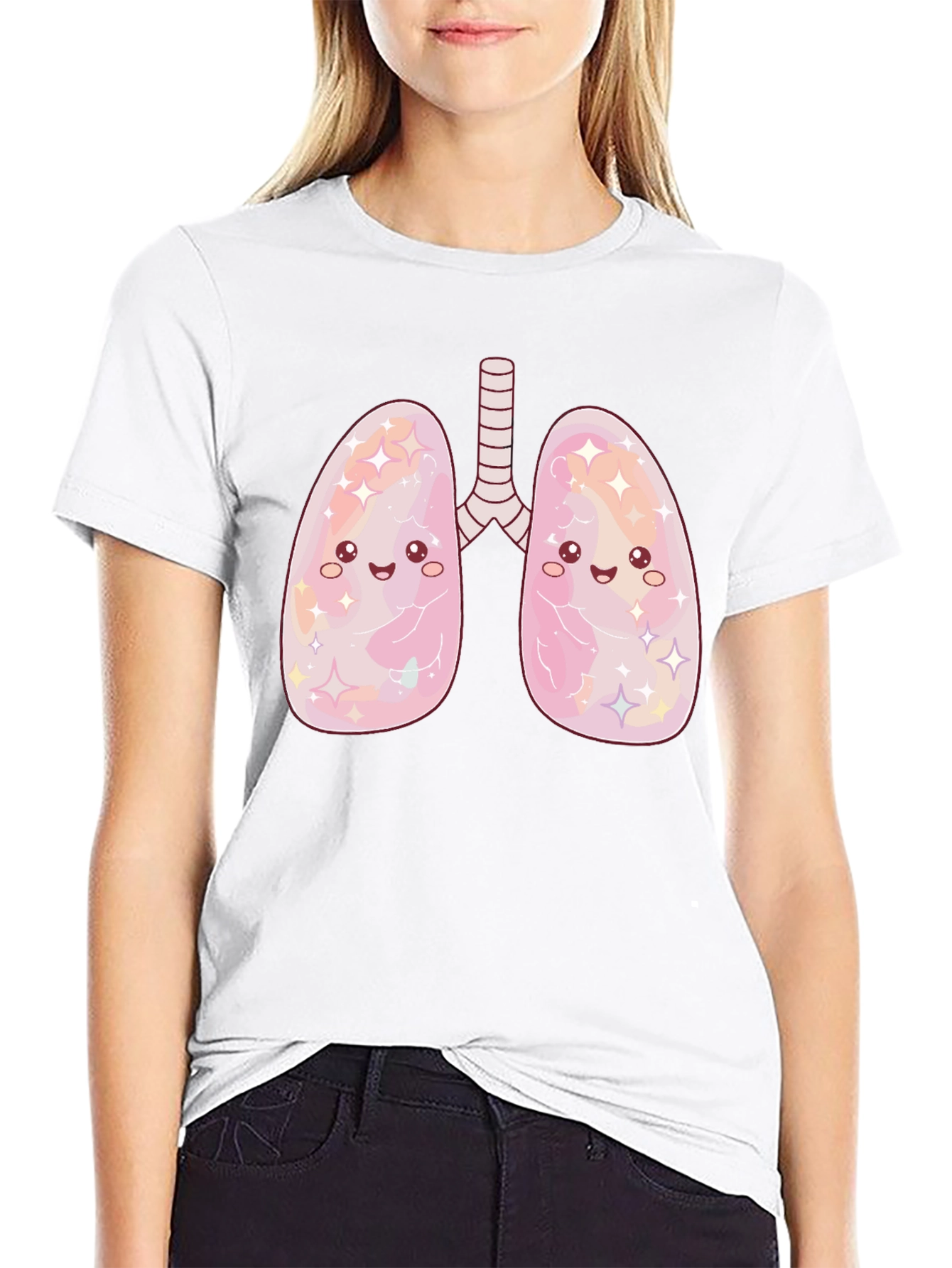 Kawaii Lungs Graphic T-Shirt - Black Crew Neck