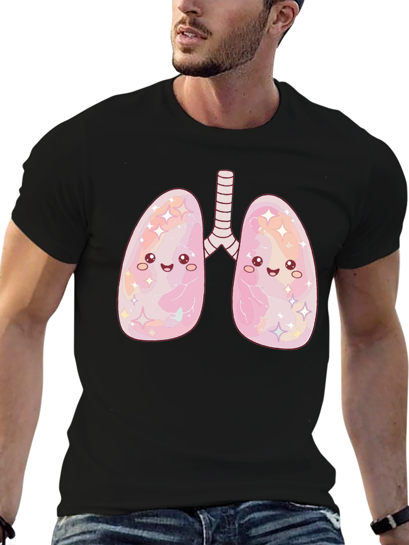 Kawaii Lungs Graphic T-Shirt - Black Crew Neck