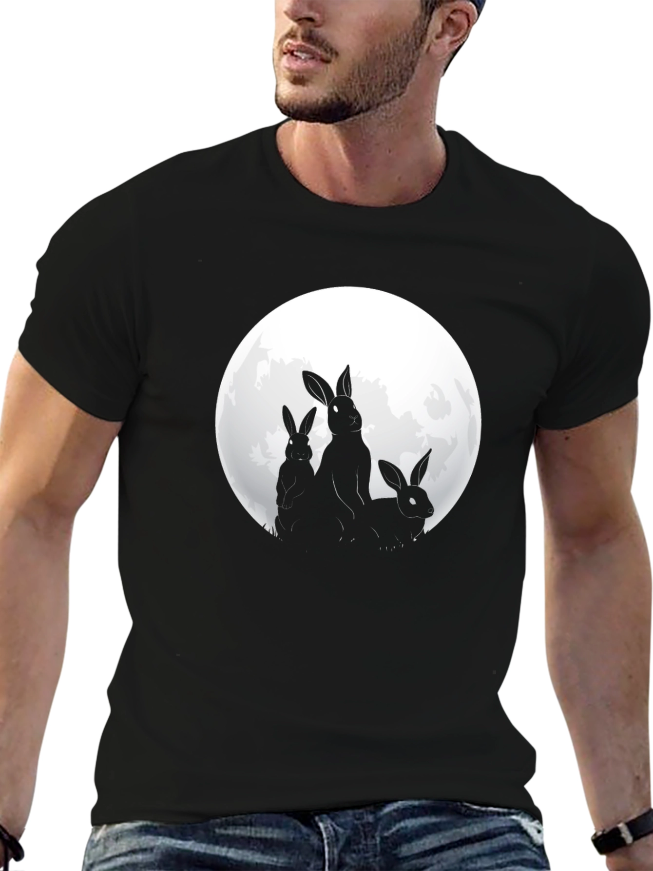 Rabbit Moon Graphic Tee - Black Cotton T-Shirt