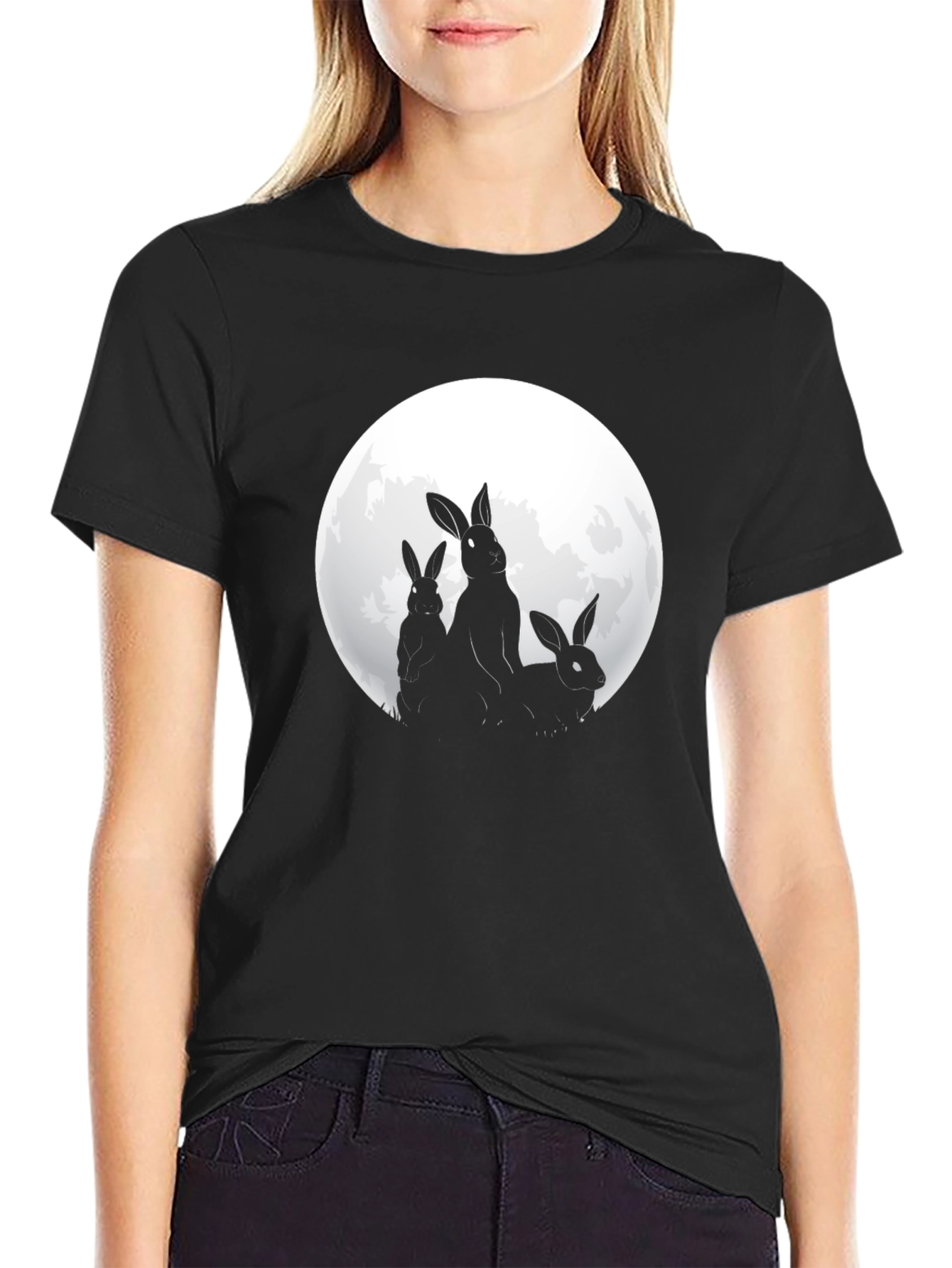 Rabbit Moon Graphic Tee - Black Cotton T-Shirt