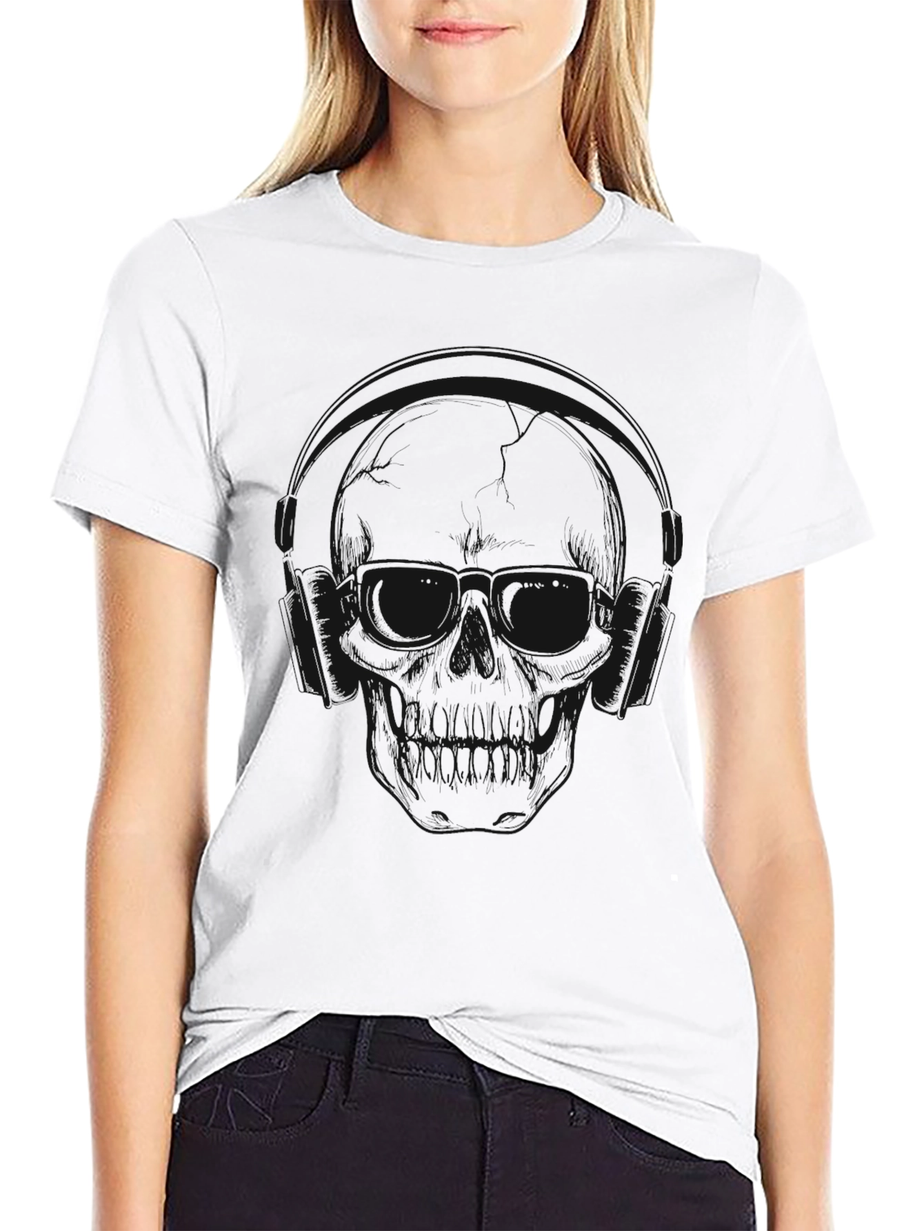 Skull with Headphones Graphic T-Shirt - Black